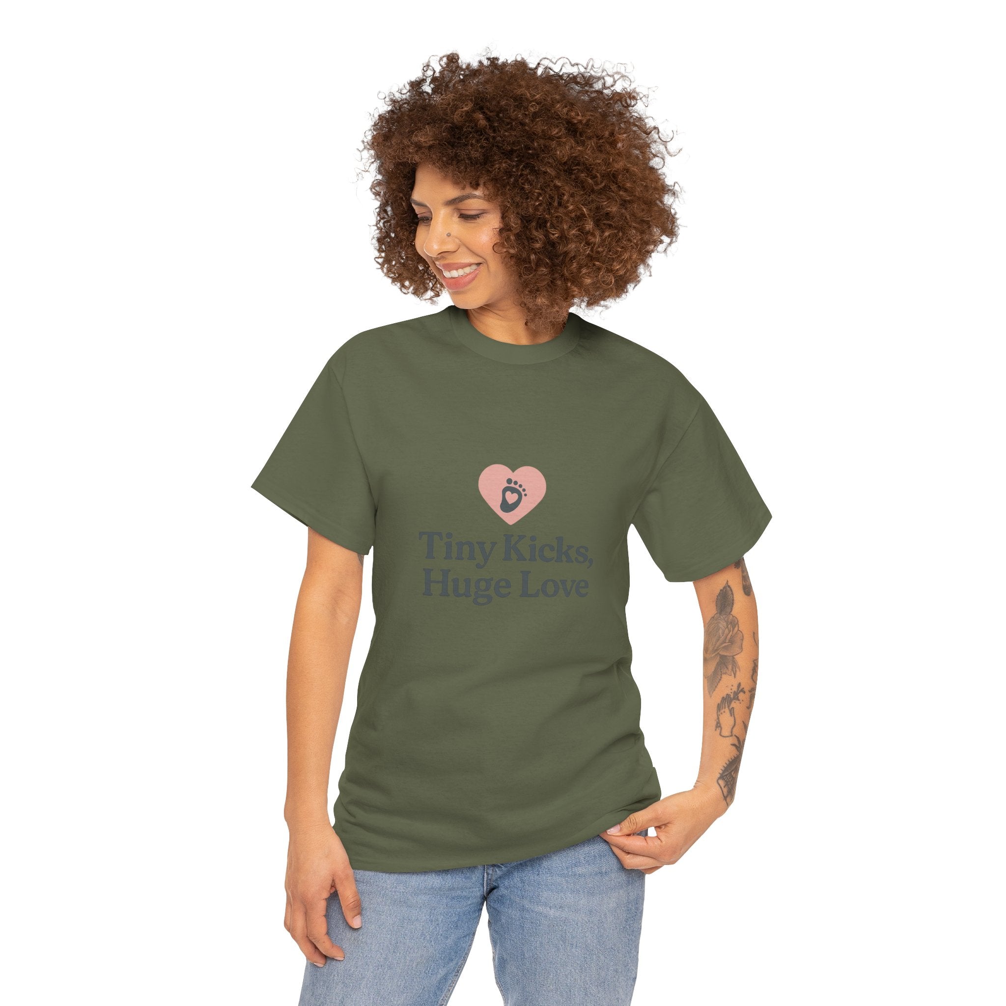 Unisex Heavy Cotton Tee - Tiny Kicks, Huge Love, Baby Shower Gift, Parenting Shirt, Cute Maternity Wear, New Mom Gift, Casual Everyday Tee