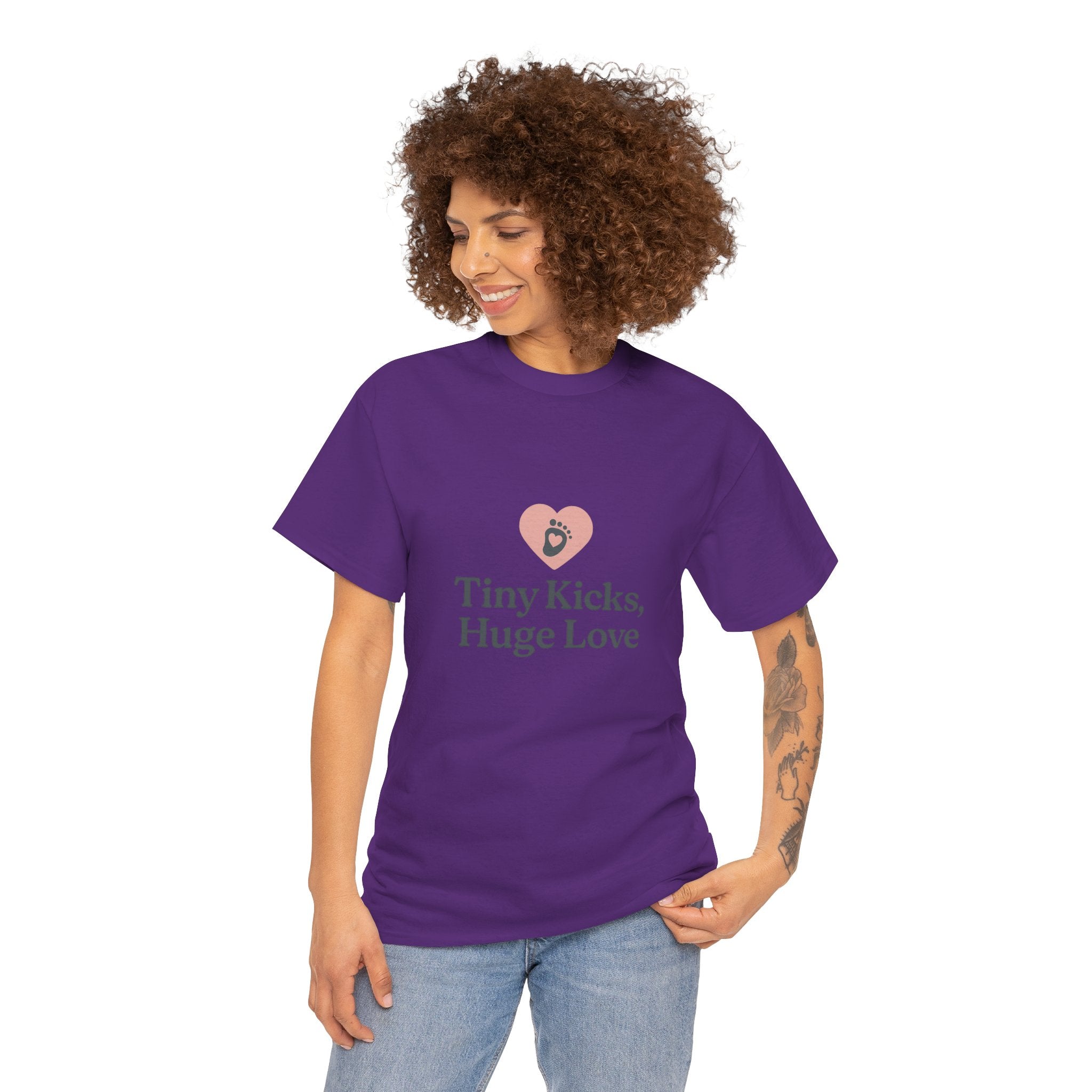 Unisex Heavy Cotton Tee - Tiny Kicks, Huge Love, Baby Shower Gift, Parenting Shirt, Cute Maternity Wear, New Mom Gift, Casual Everyday Tee