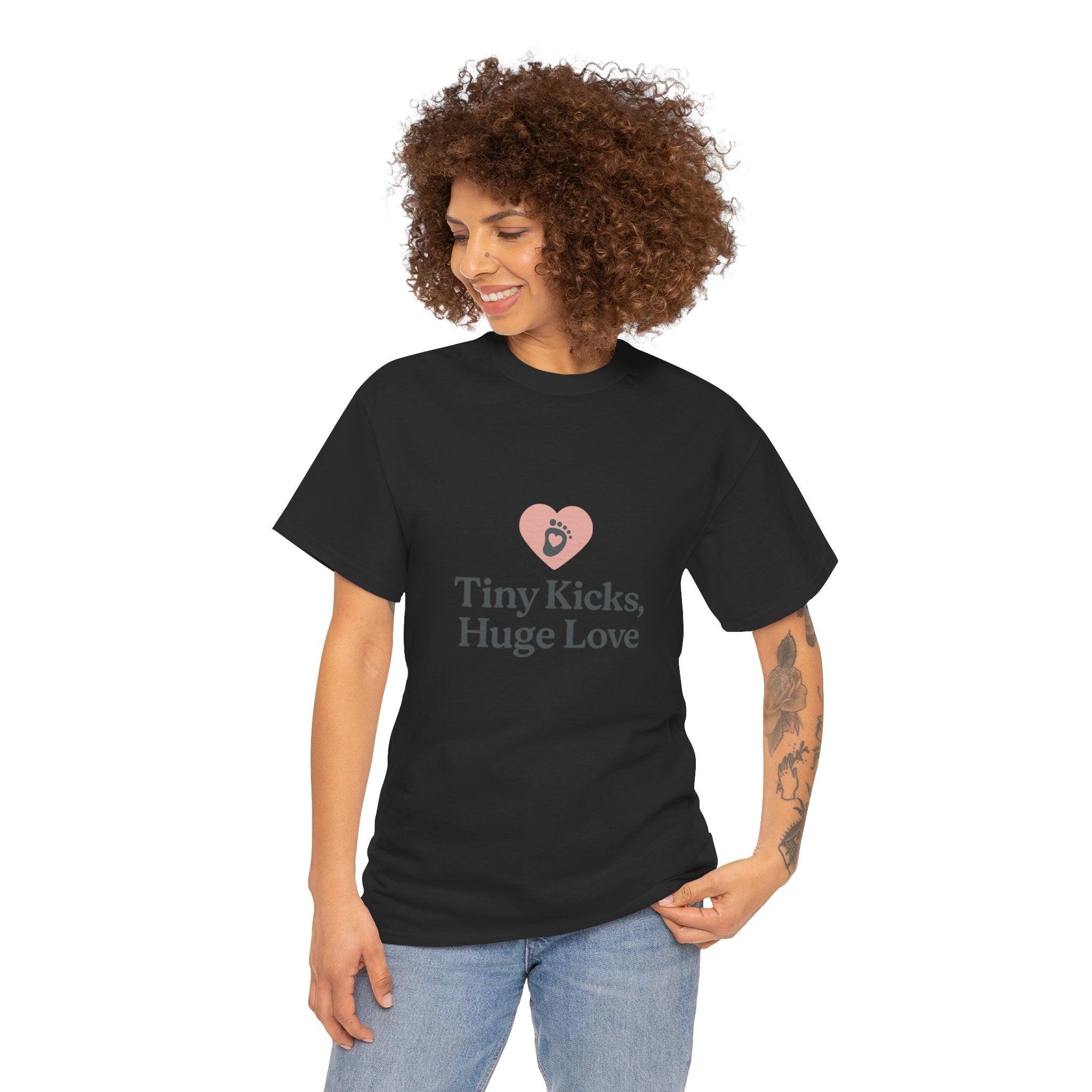 Unisex Heavy Cotton Tee - Tiny Kicks, Huge Love, Baby Shower Gift, Parenting Shirt, Cute Maternity Wear, New Mom Gift, Casual Everyday Tee