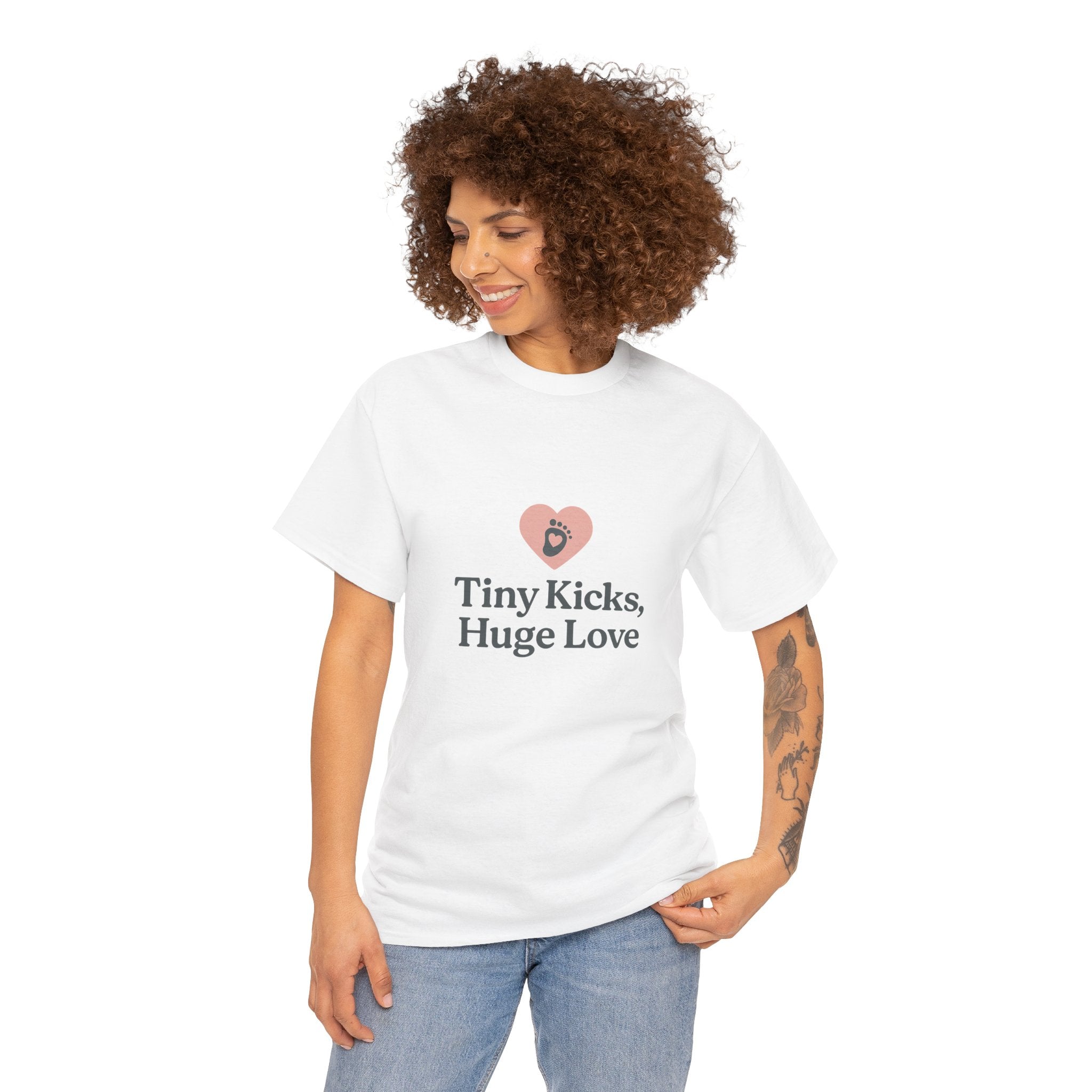 Unisex Heavy Cotton Tee - Tiny Kicks, Huge Love, Baby Shower Gift, Parenting Shirt, Cute Maternity Wear, New Mom Gift, Casual Everyday Tee