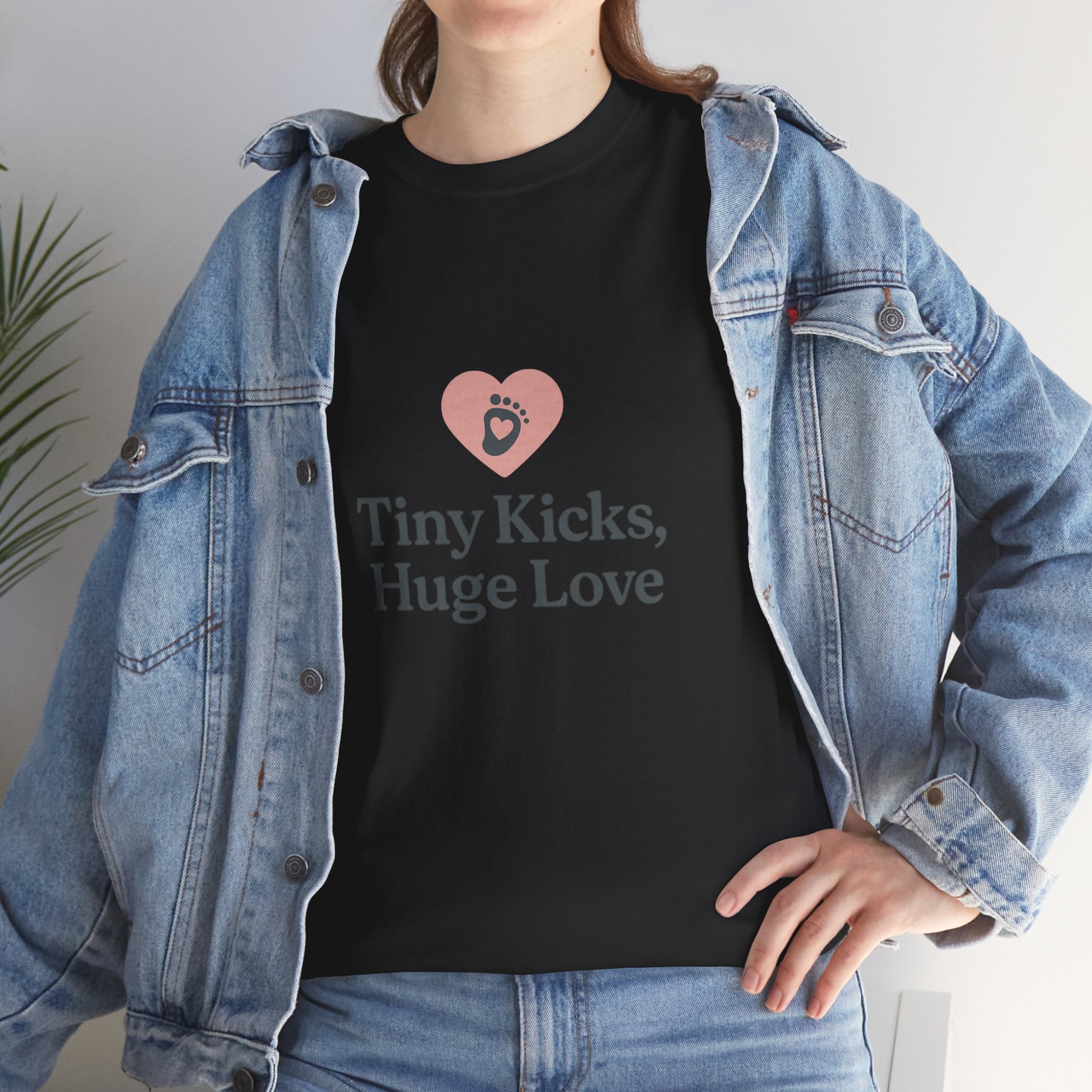 Unisex Heavy Cotton Tee - Tiny Kicks, Huge Love, Baby Shower Gift, Parenting Shirt, Cute Maternity Wear, New Mom Gift, Casual Everyday Tee