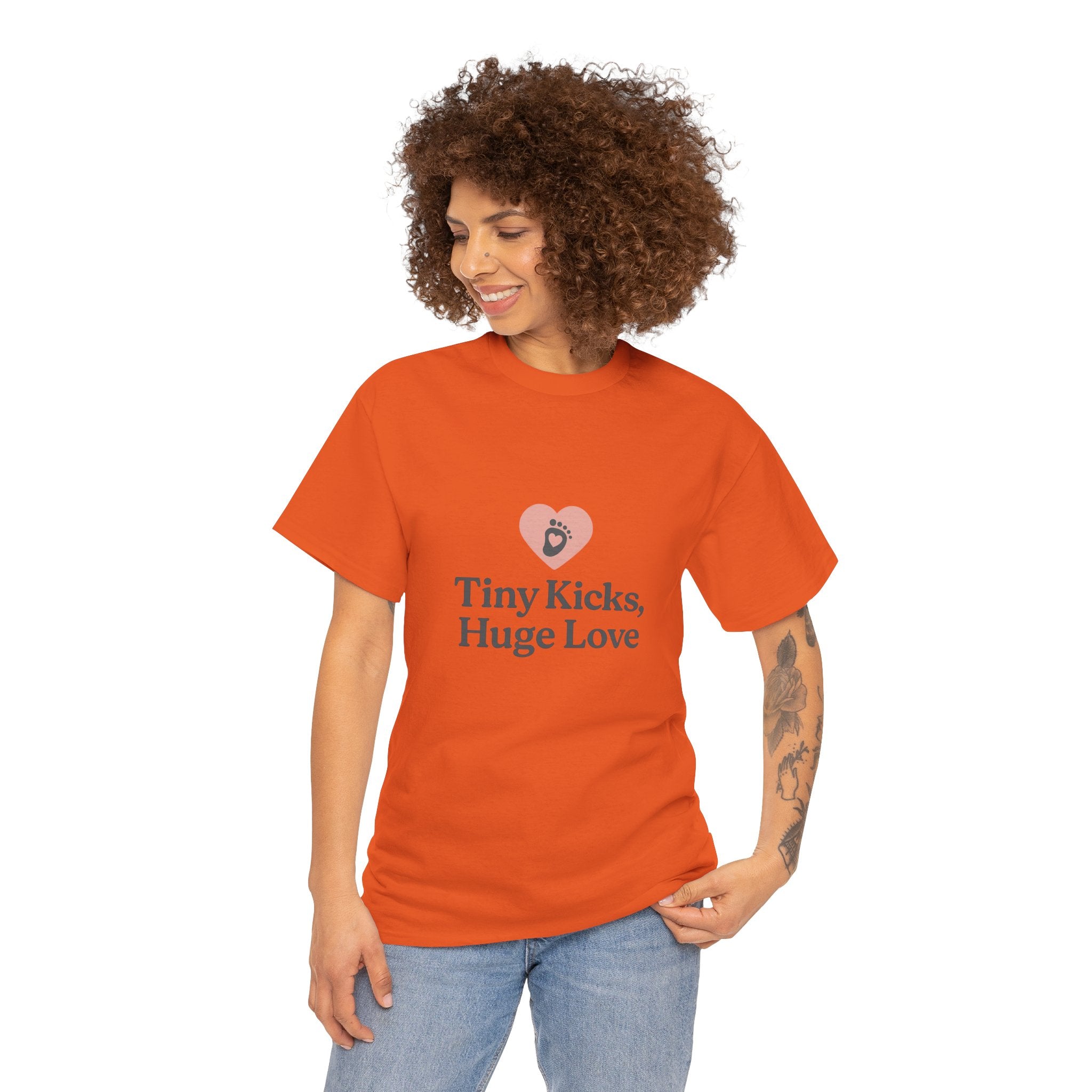 Unisex Heavy Cotton Tee - Tiny Kicks, Huge Love, Baby Shower Gift, Parenting Shirt, Cute Maternity Wear, New Mom Gift, Casual Everyday Tee