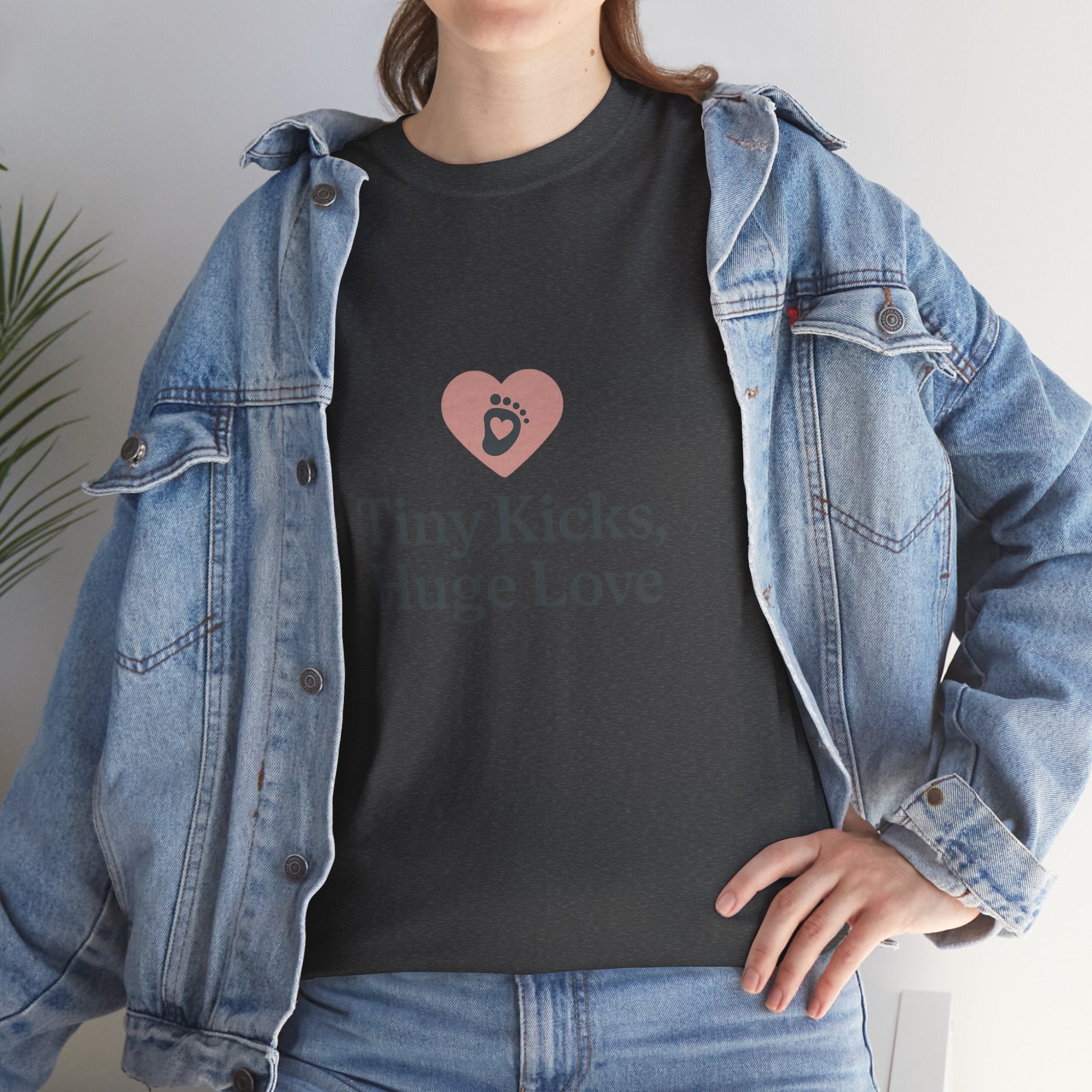 Unisex Heavy Cotton Tee - Tiny Kicks, Huge Love, Baby Shower Gift, Parenting Shirt, Cute Maternity Wear, New Mom Gift, Casual Everyday Tee