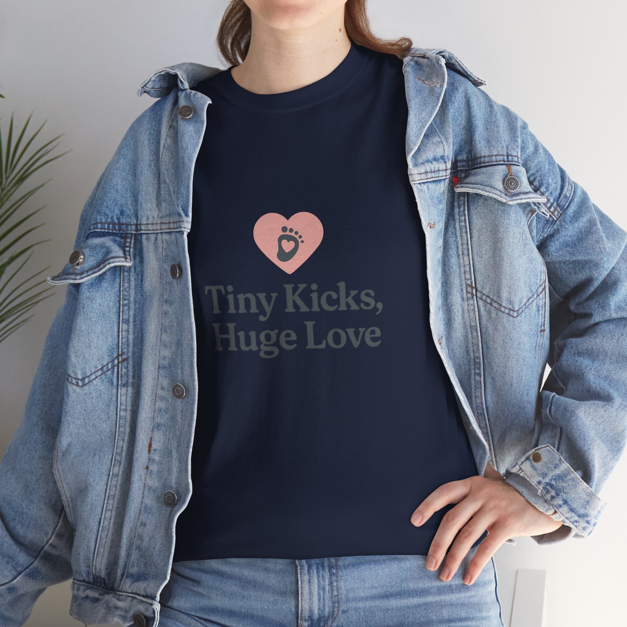 Unisex Heavy Cotton Tee - Tiny Kicks, Huge Love, Baby Shower Gift, Parenting Shirt, Cute Maternity Wear, New Mom Gift, Casual Everyday Tee