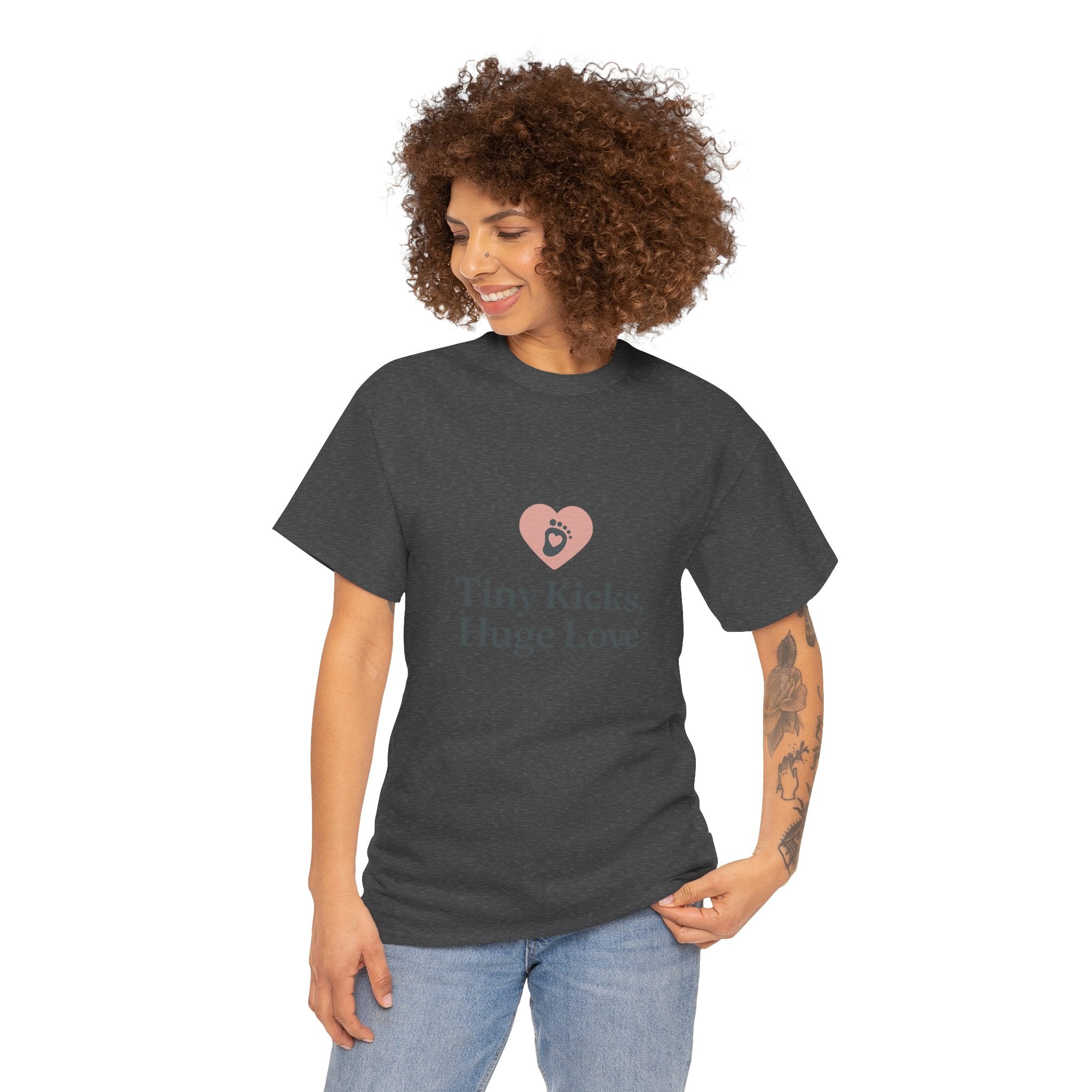 Unisex Heavy Cotton Tee - Tiny Kicks, Huge Love, Baby Shower Gift, Parenting Shirt, Cute Maternity Wear, New Mom Gift, Casual Everyday Tee