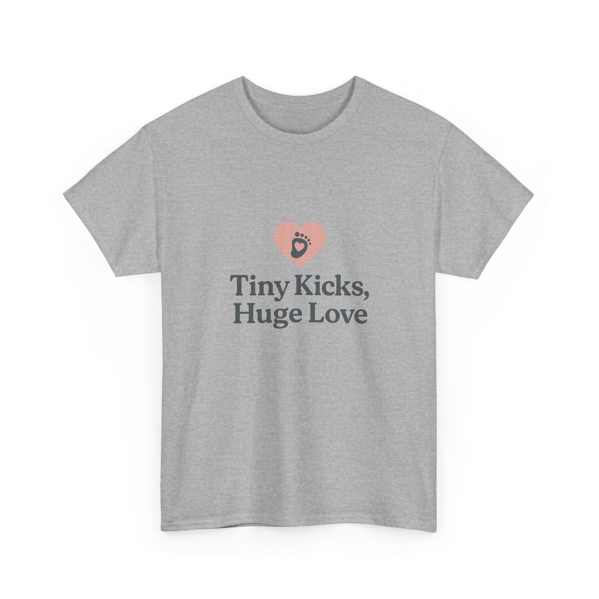 Unisex Heavy Cotton Tee - Tiny Kicks, Huge Love, Baby Shower Gift, Parenting Shirt, Cute Maternity Wear, New Mom Gift, Casual Everyday Tee