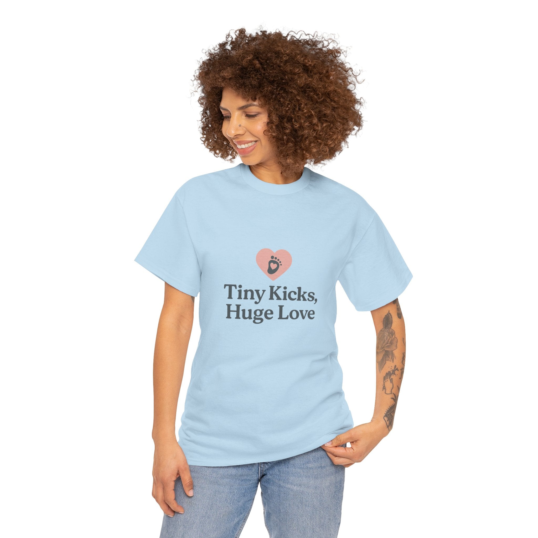 Unisex Heavy Cotton Tee - Tiny Kicks, Huge Love, Baby Shower Gift, Parenting Shirt, Cute Maternity Wear, New Mom Gift, Casual Everyday Tee