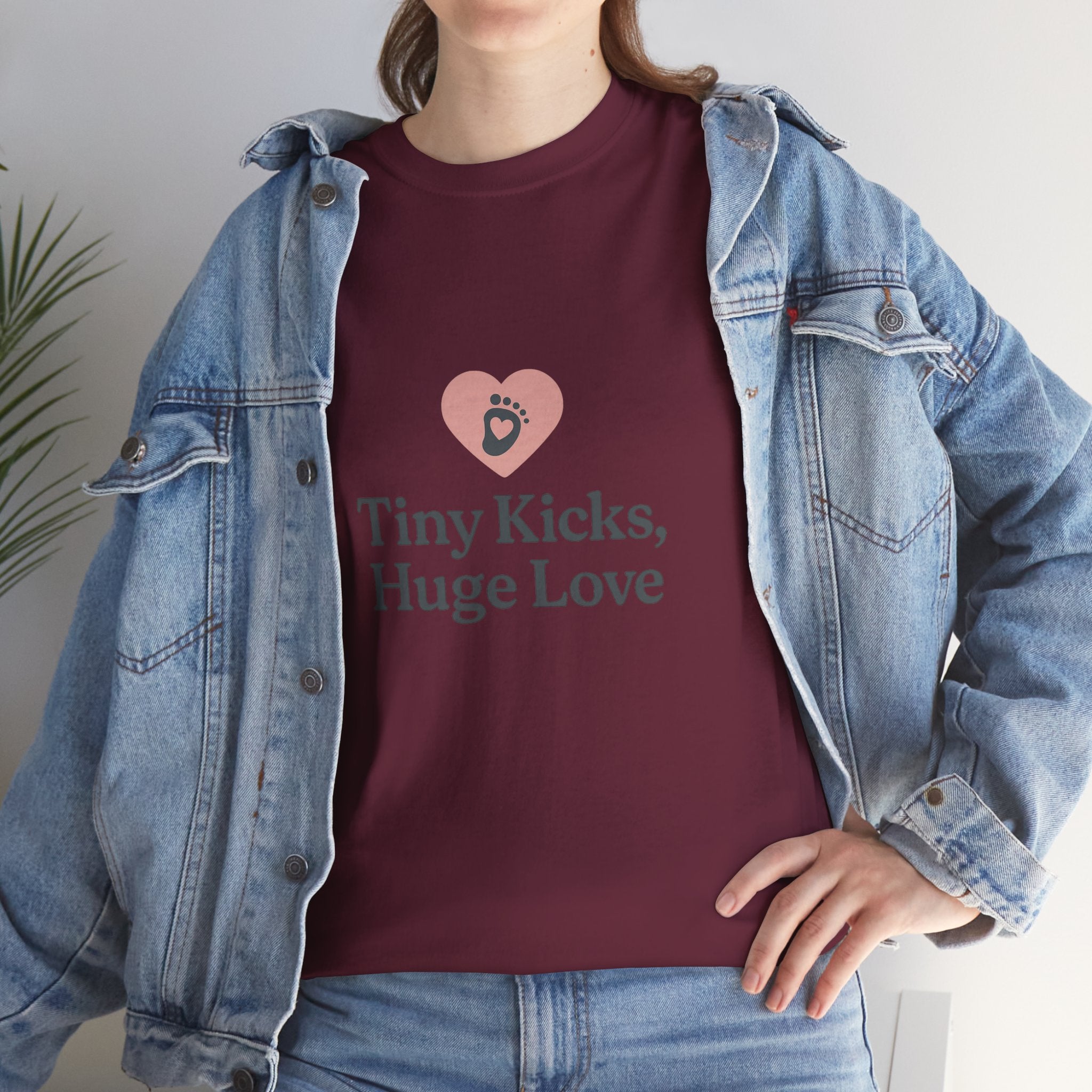 Unisex Heavy Cotton Tee - Tiny Kicks, Huge Love, Baby Shower Gift, Parenting Shirt, Cute Maternity Wear, New Mom Gift, Casual Everyday Tee