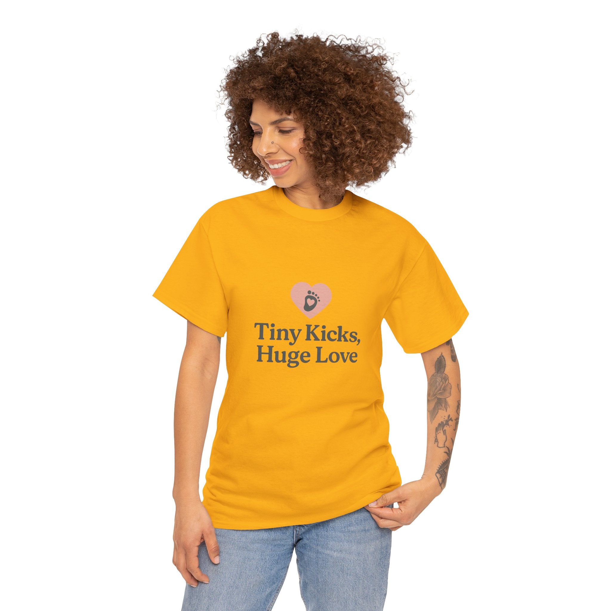 Unisex Heavy Cotton Tee - Tiny Kicks, Huge Love, Baby Shower Gift, Parenting Shirt, Cute Maternity Wear, New Mom Gift, Casual Everyday Tee