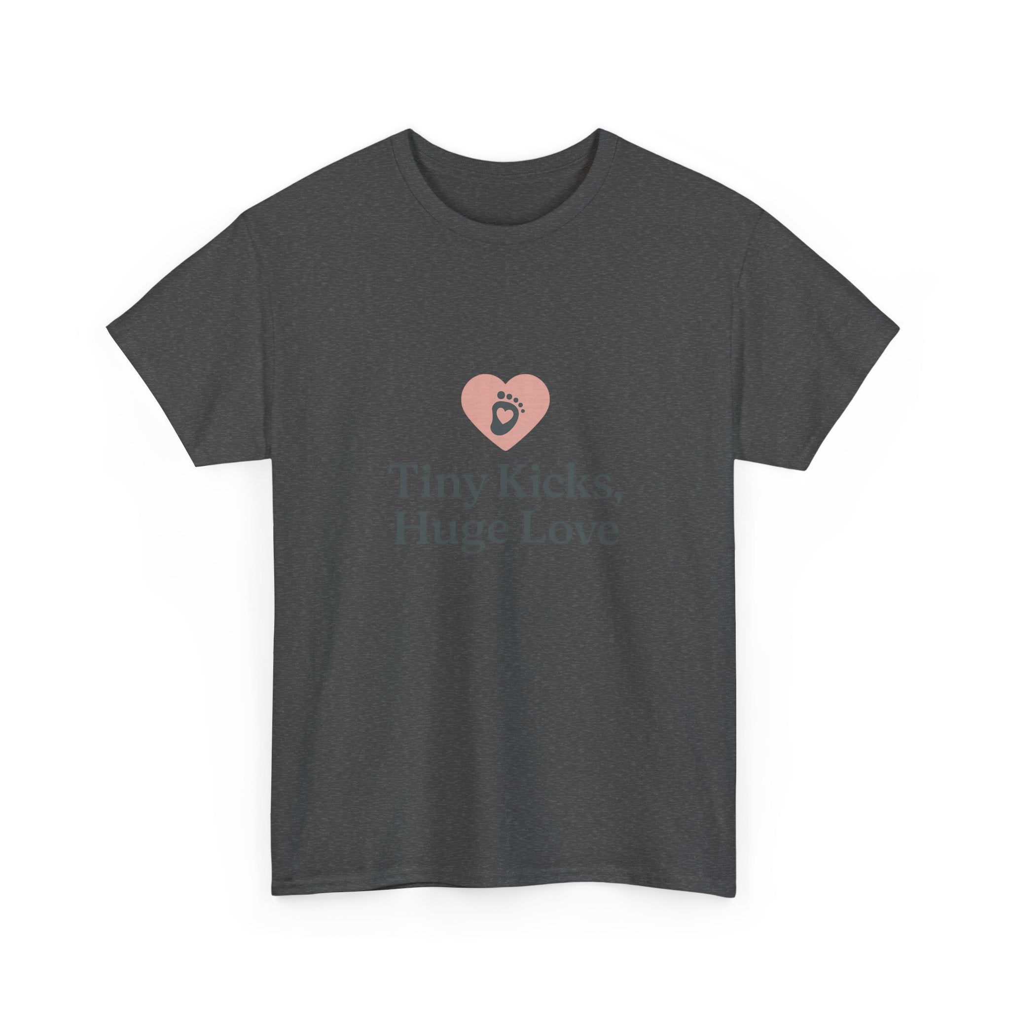 Unisex Heavy Cotton Tee - Tiny Kicks, Huge Love, Baby Shower Gift, Parenting Shirt, Cute Maternity Wear, New Mom Gift, Casual Everyday Tee
