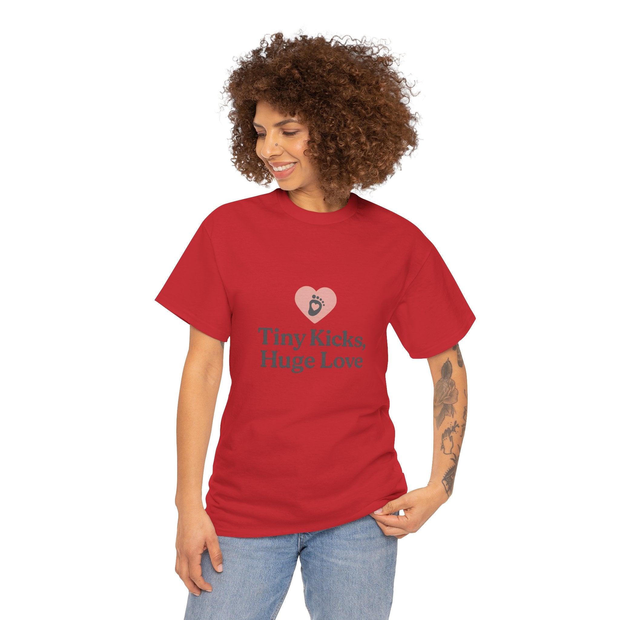 Unisex Heavy Cotton Tee - Tiny Kicks, Huge Love, Baby Shower Gift, Parenting Shirt, Cute Maternity Wear, New Mom Gift, Casual Everyday Tee
