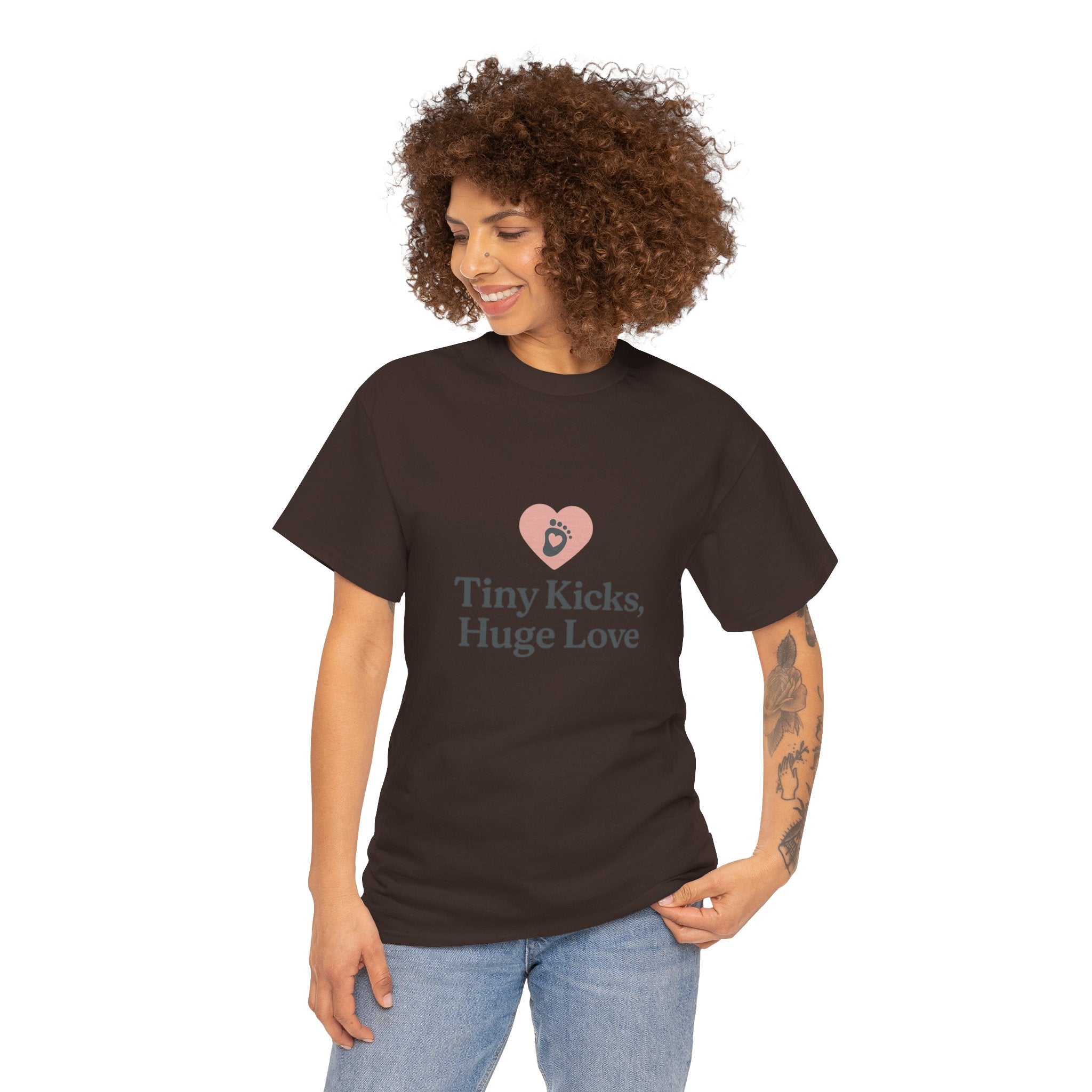 Unisex Heavy Cotton Tee - Tiny Kicks, Huge Love, Baby Shower Gift, Parenting Shirt, Cute Maternity Wear, New Mom Gift, Casual Everyday Tee