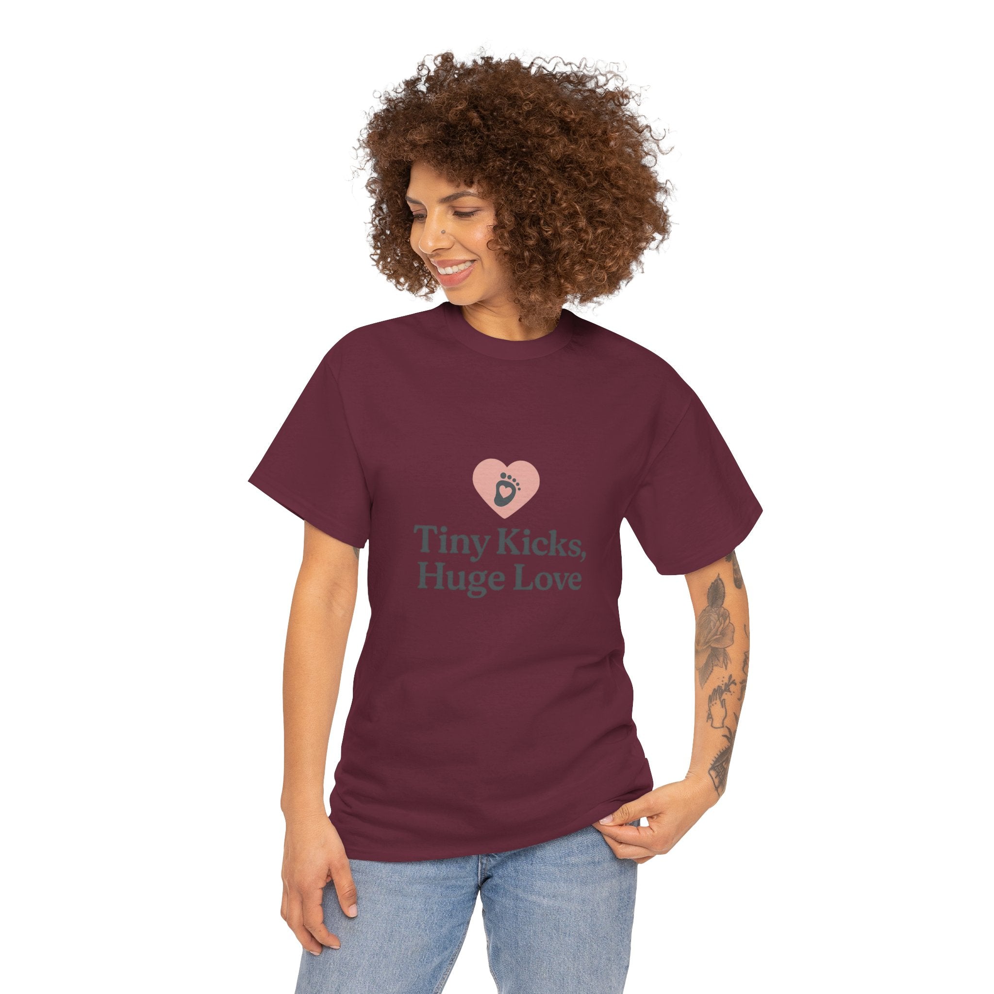 Unisex Heavy Cotton Tee - Tiny Kicks, Huge Love, Baby Shower Gift, Parenting Shirt, Cute Maternity Wear, New Mom Gift, Casual Everyday Tee