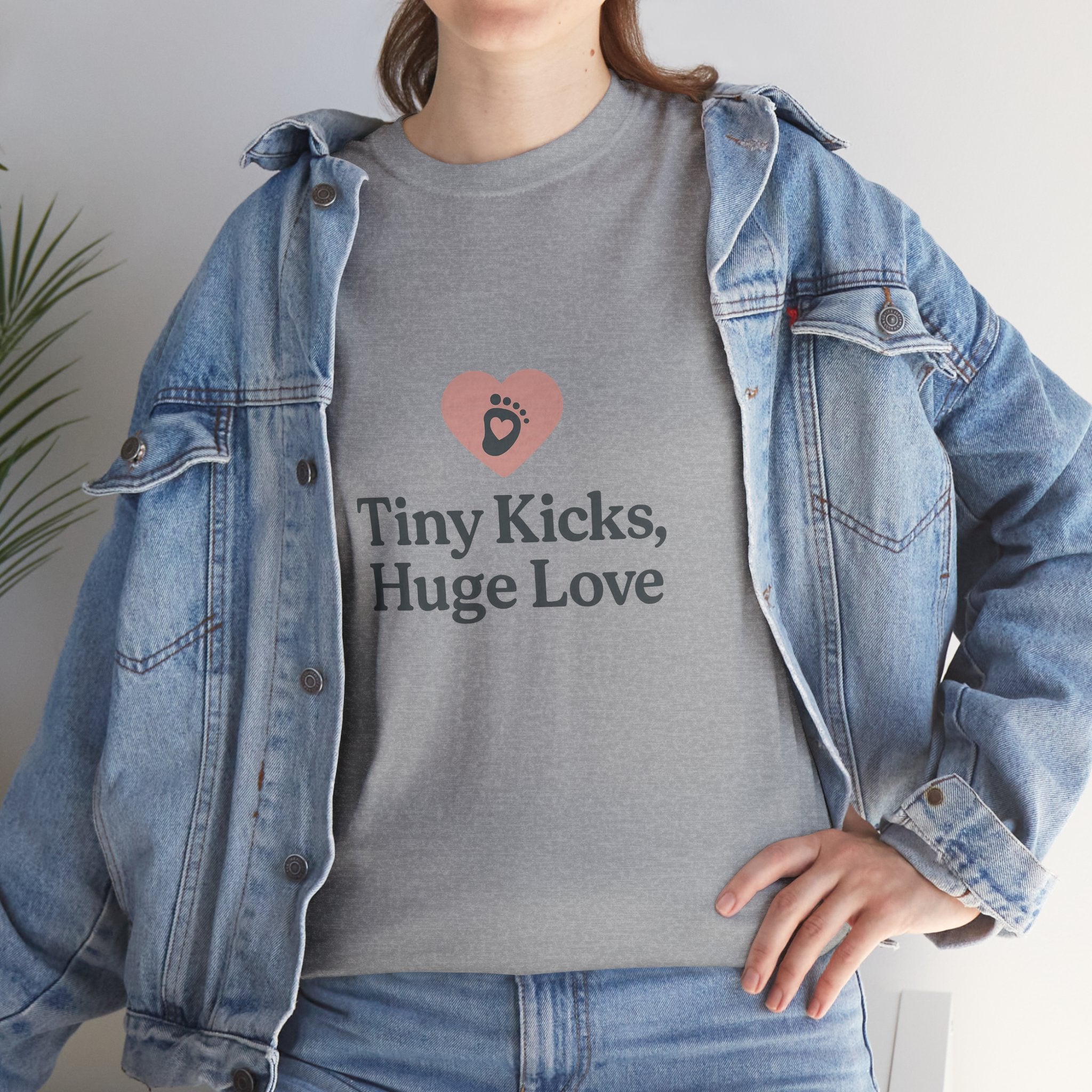 Unisex Heavy Cotton Tee - Tiny Kicks, Huge Love, Baby Shower Gift, Parenting Shirt, Cute Maternity Wear, New Mom Gift, Casual Everyday Tee