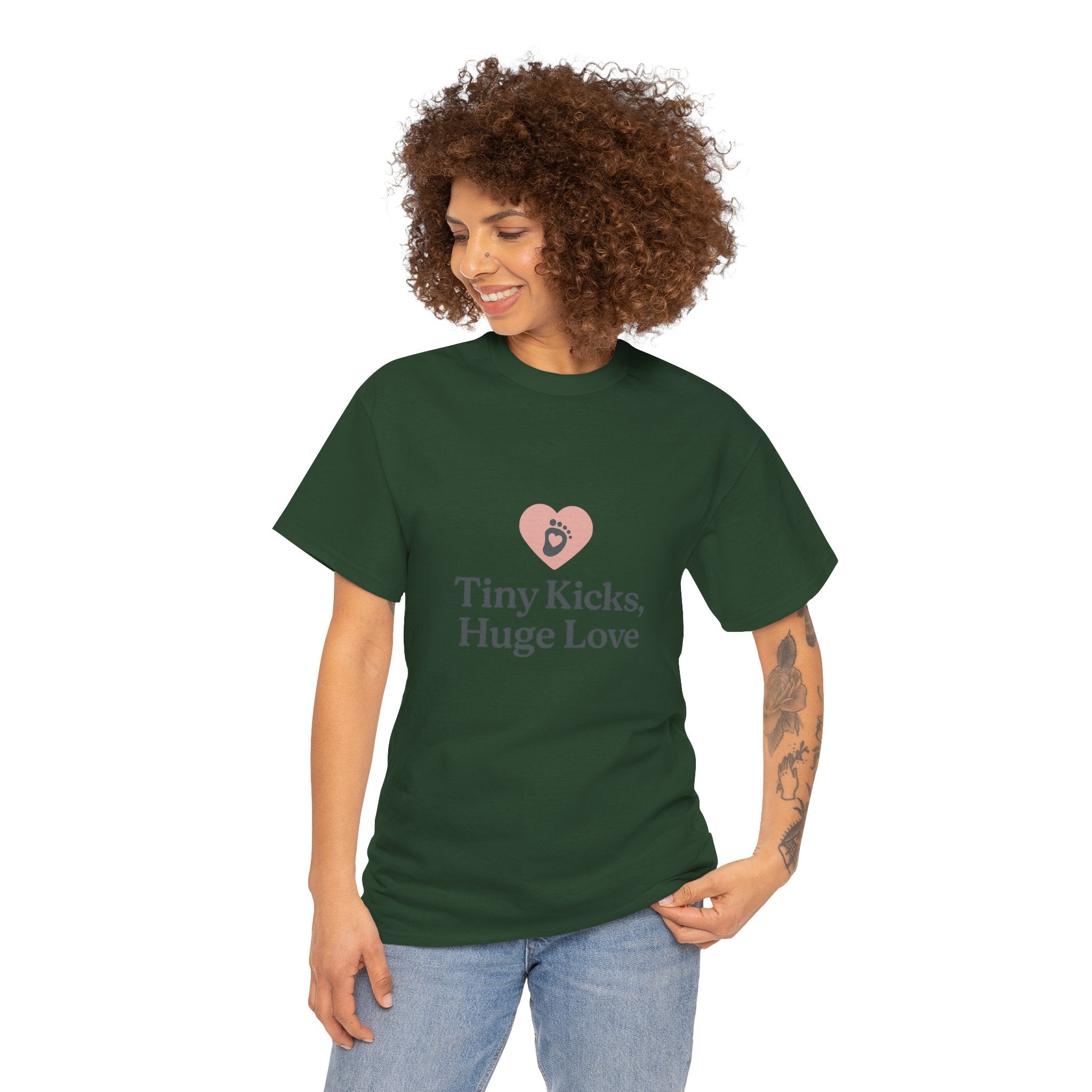 Unisex Heavy Cotton Tee - Tiny Kicks, Huge Love, Baby Shower Gift, Parenting Shirt, Cute Maternity Wear, New Mom Gift, Casual Everyday Tee
