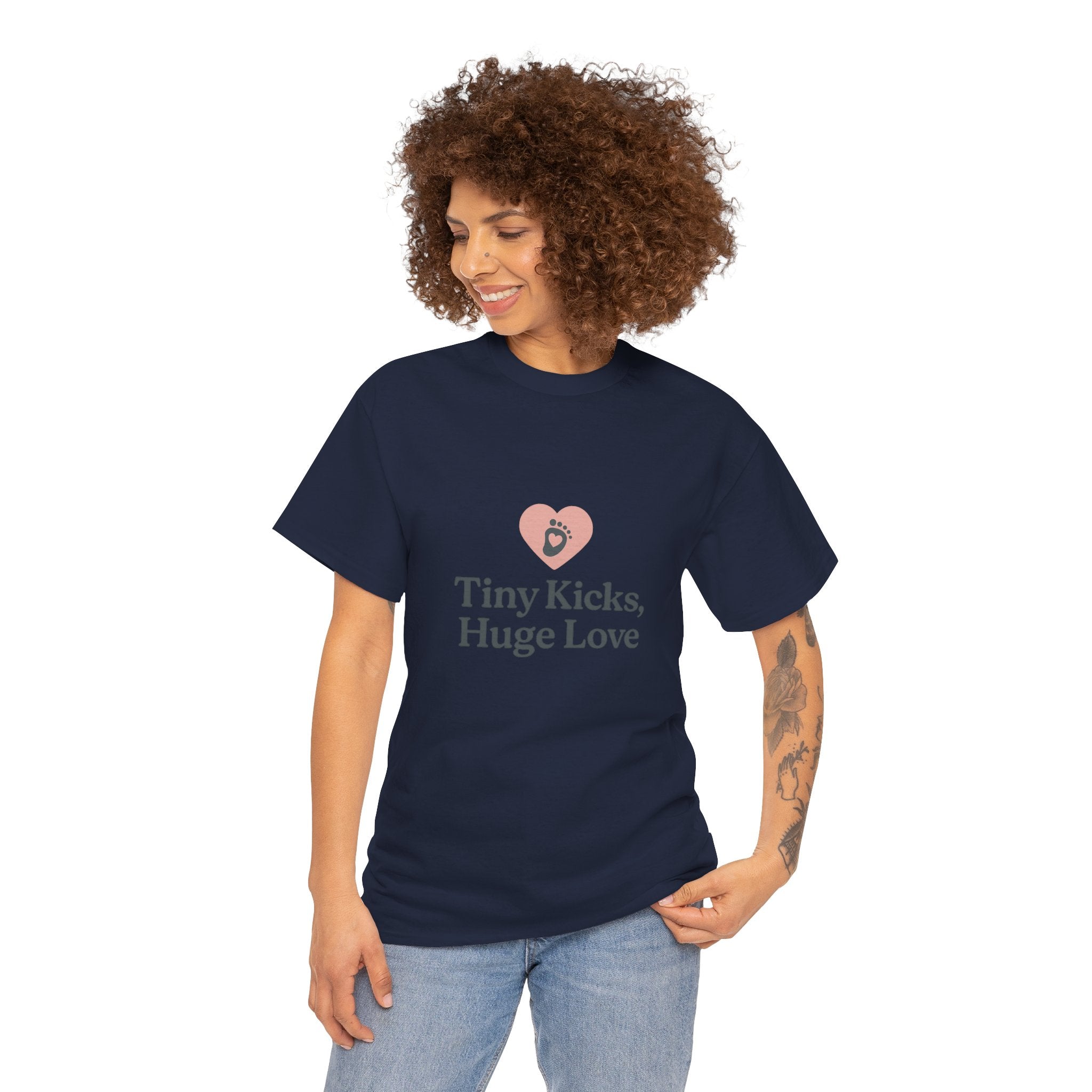 Unisex Heavy Cotton Tee - Tiny Kicks, Huge Love, Baby Shower Gift, Parenting Shirt, Cute Maternity Wear, New Mom Gift, Casual Everyday Tee
