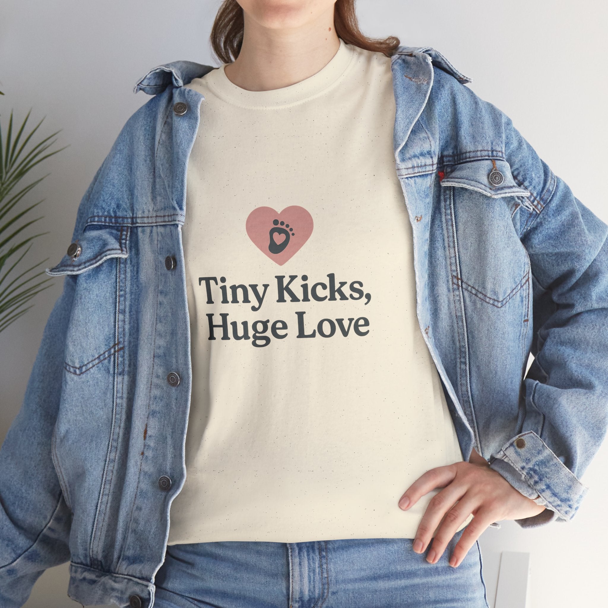 Unisex Heavy Cotton Tee - Tiny Kicks, Huge Love, Baby Shower Gift, Parenting Shirt, Cute Maternity Wear, New Mom Gift, Casual Everyday Tee