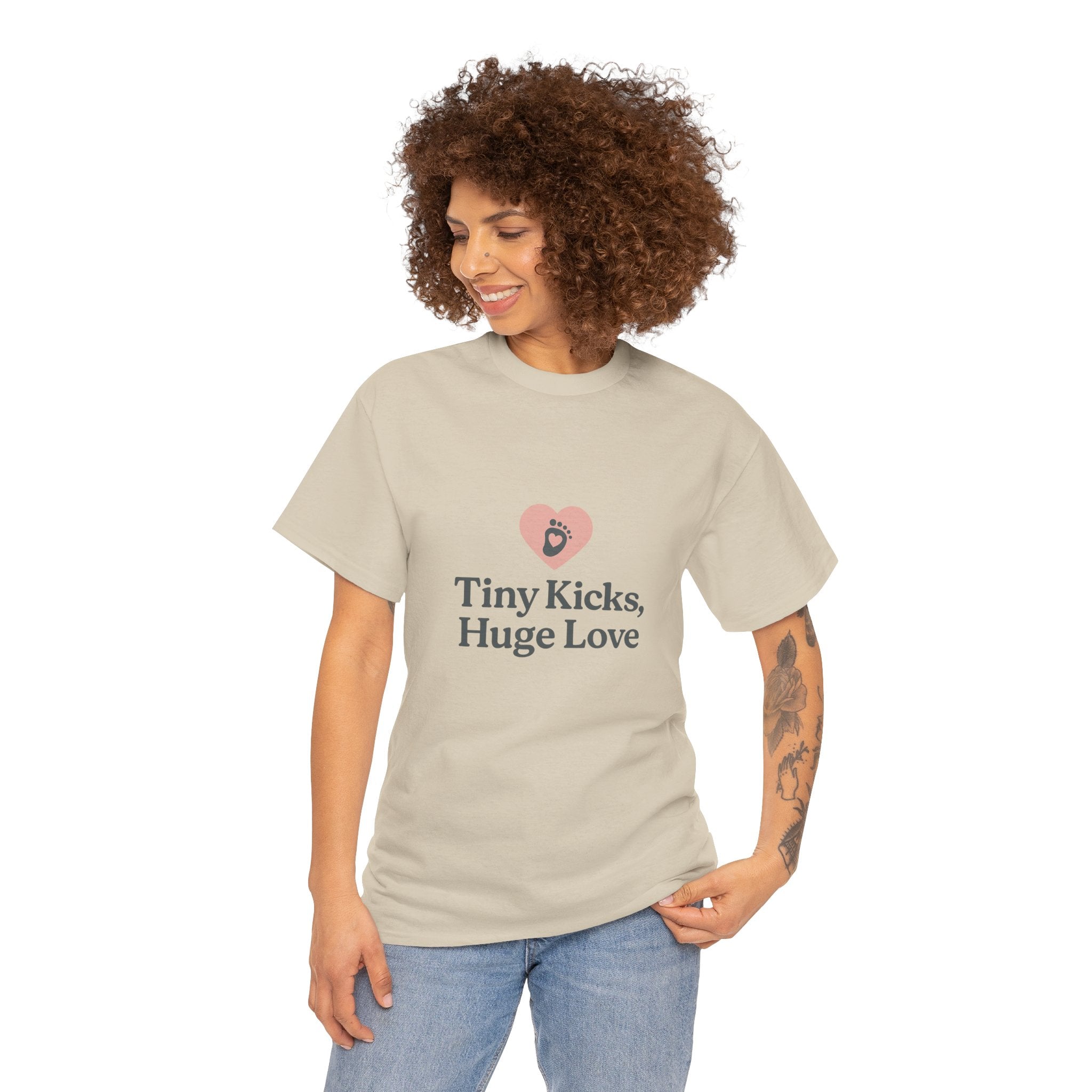 Unisex Heavy Cotton Tee - Tiny Kicks, Huge Love, Baby Shower Gift, Parenting Shirt, Cute Maternity Wear, New Mom Gift, Casual Everyday Tee