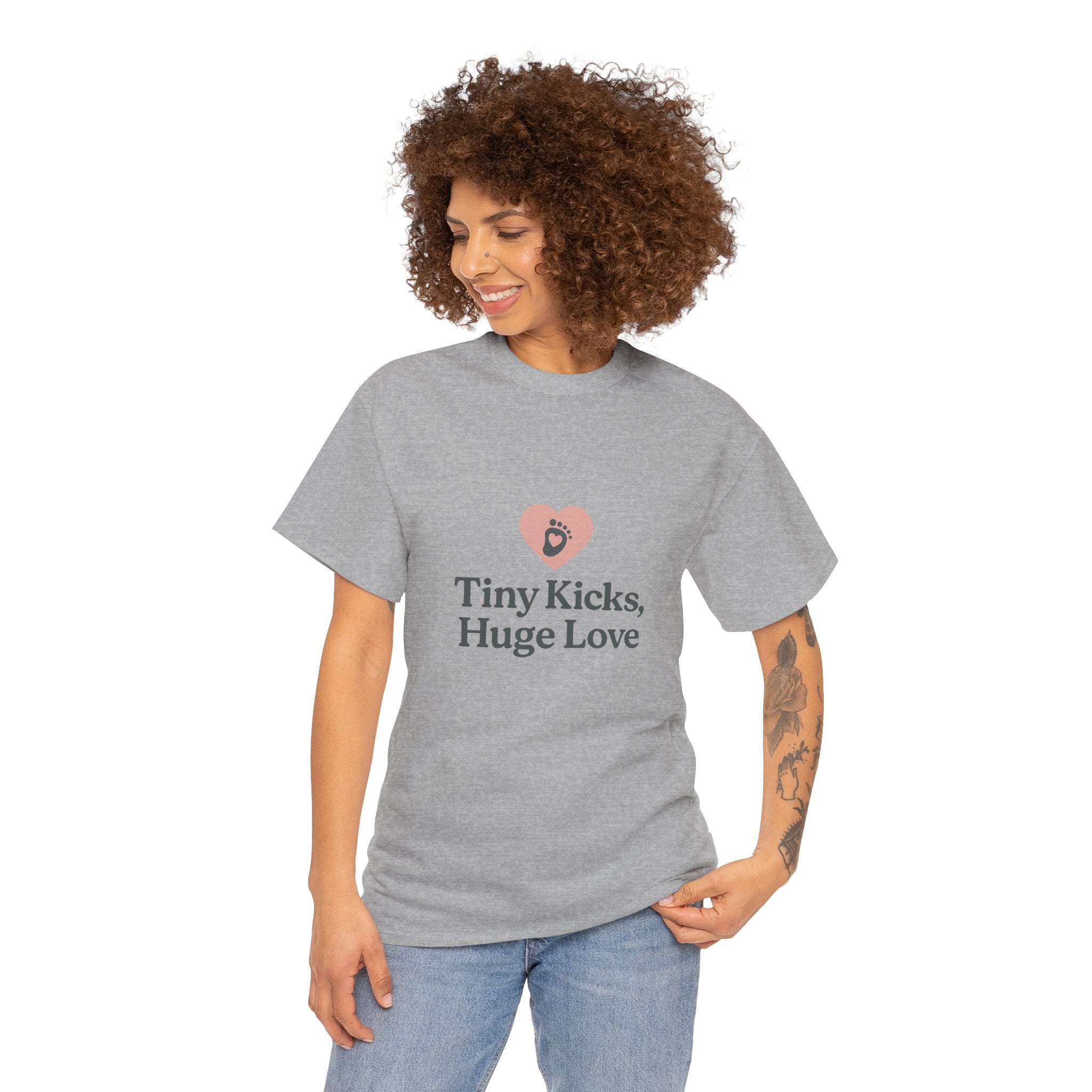 Unisex Heavy Cotton Tee - Tiny Kicks, Huge Love, Baby Shower Gift, Parenting Shirt, Cute Maternity Wear, New Mom Gift, Casual Everyday Tee