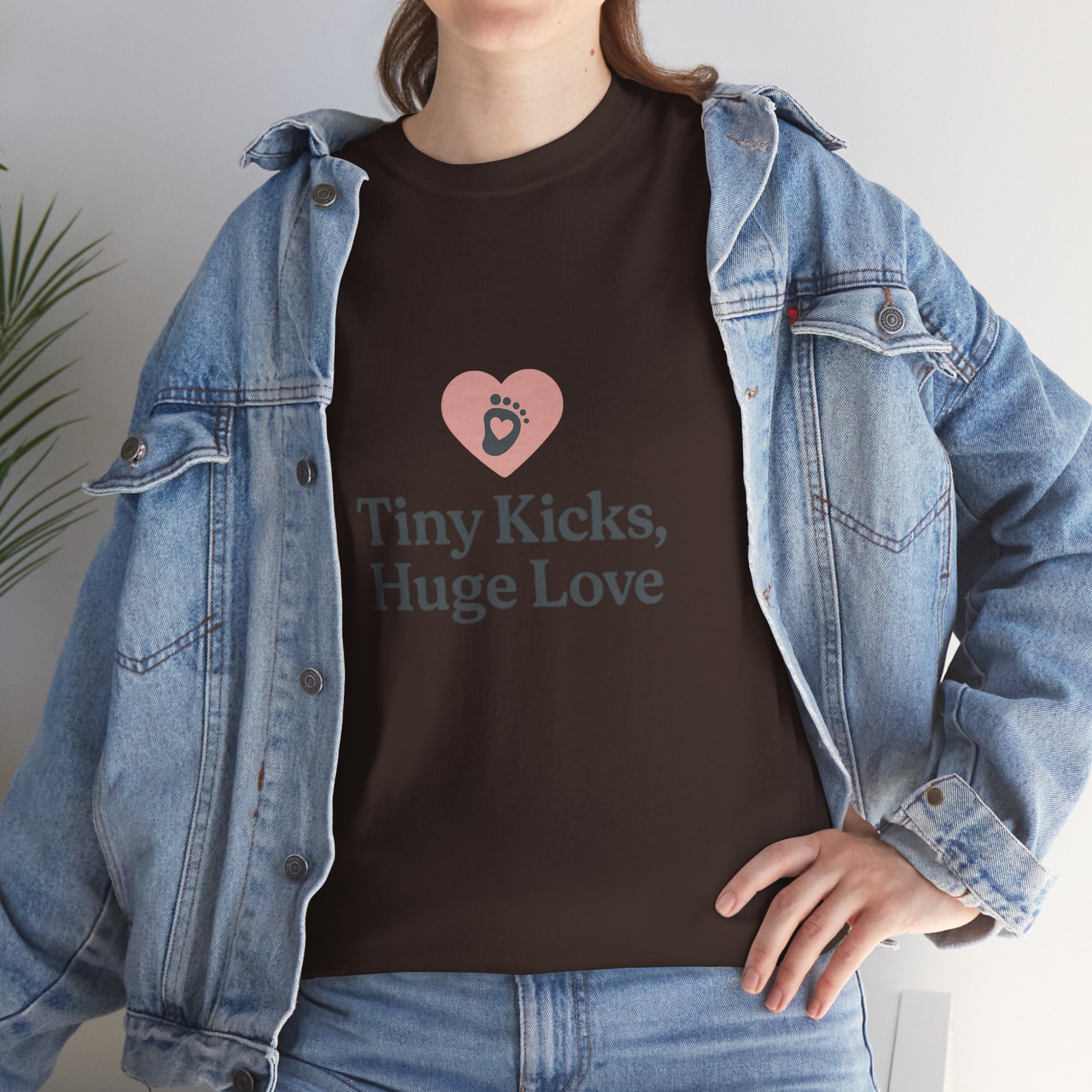 Unisex Heavy Cotton Tee - Tiny Kicks, Huge Love, Baby Shower Gift, Parenting Shirt, Cute Maternity Wear, New Mom Gift, Casual Everyday Tee