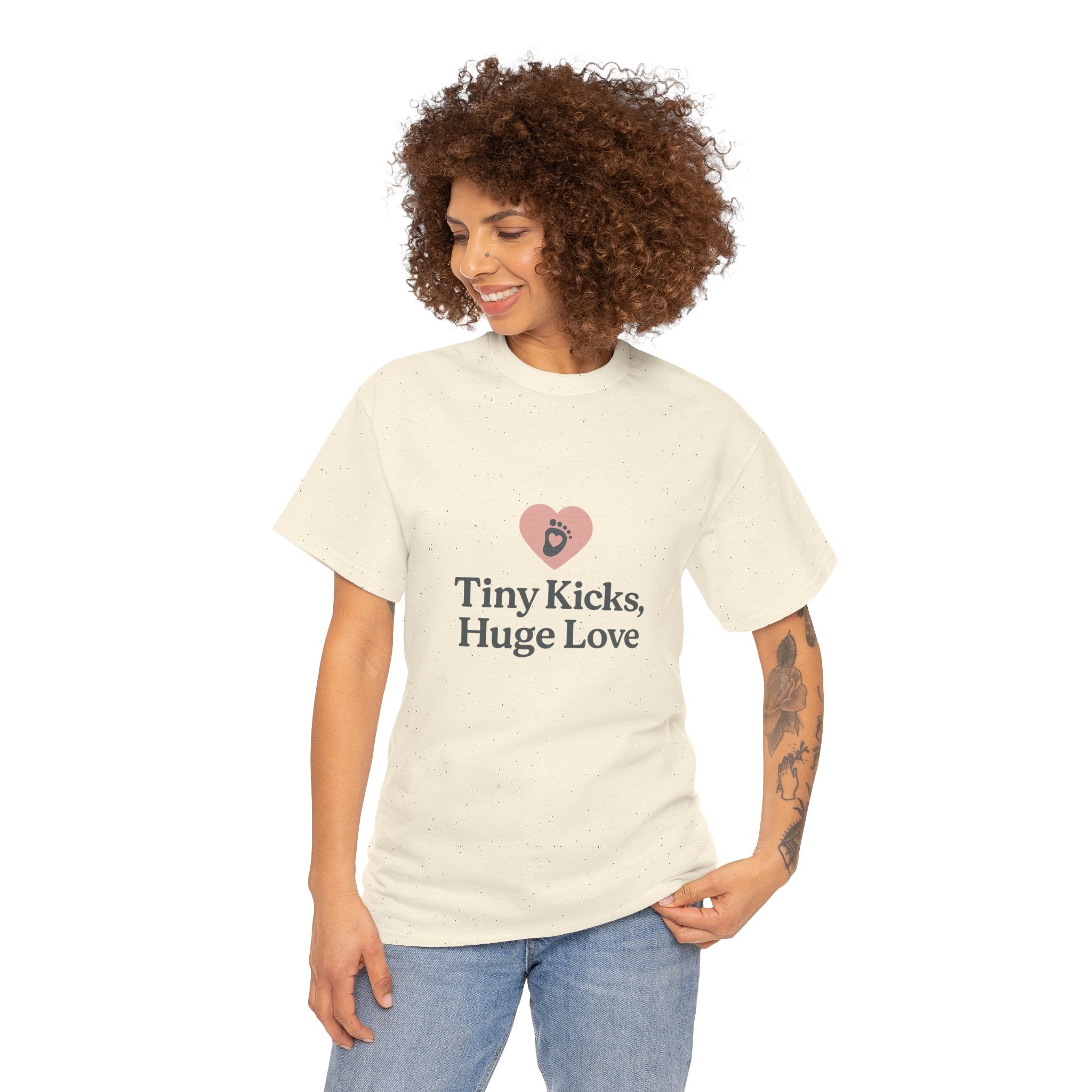 Unisex Heavy Cotton Tee - Tiny Kicks, Huge Love, Baby Shower Gift, Parenting Shirt, Cute Maternity Wear, New Mom Gift, Casual Everyday Tee