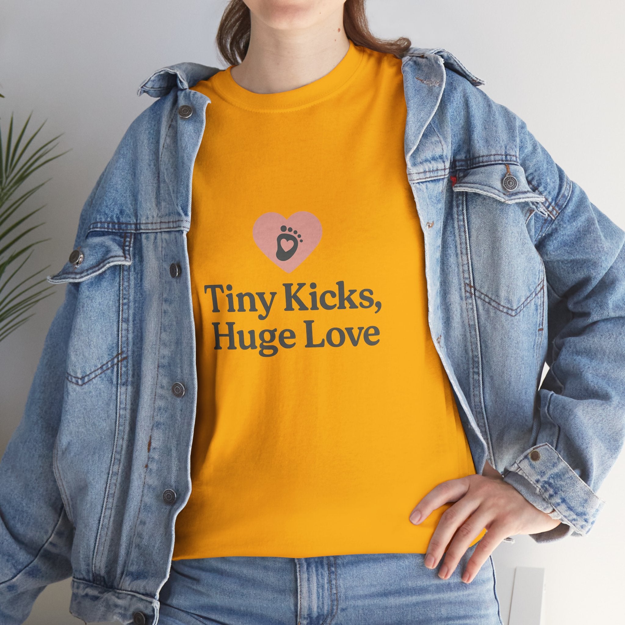 Unisex Heavy Cotton Tee - Tiny Kicks, Huge Love, Baby Shower Gift, Parenting Shirt, Cute Maternity Wear, New Mom Gift, Casual Everyday Tee