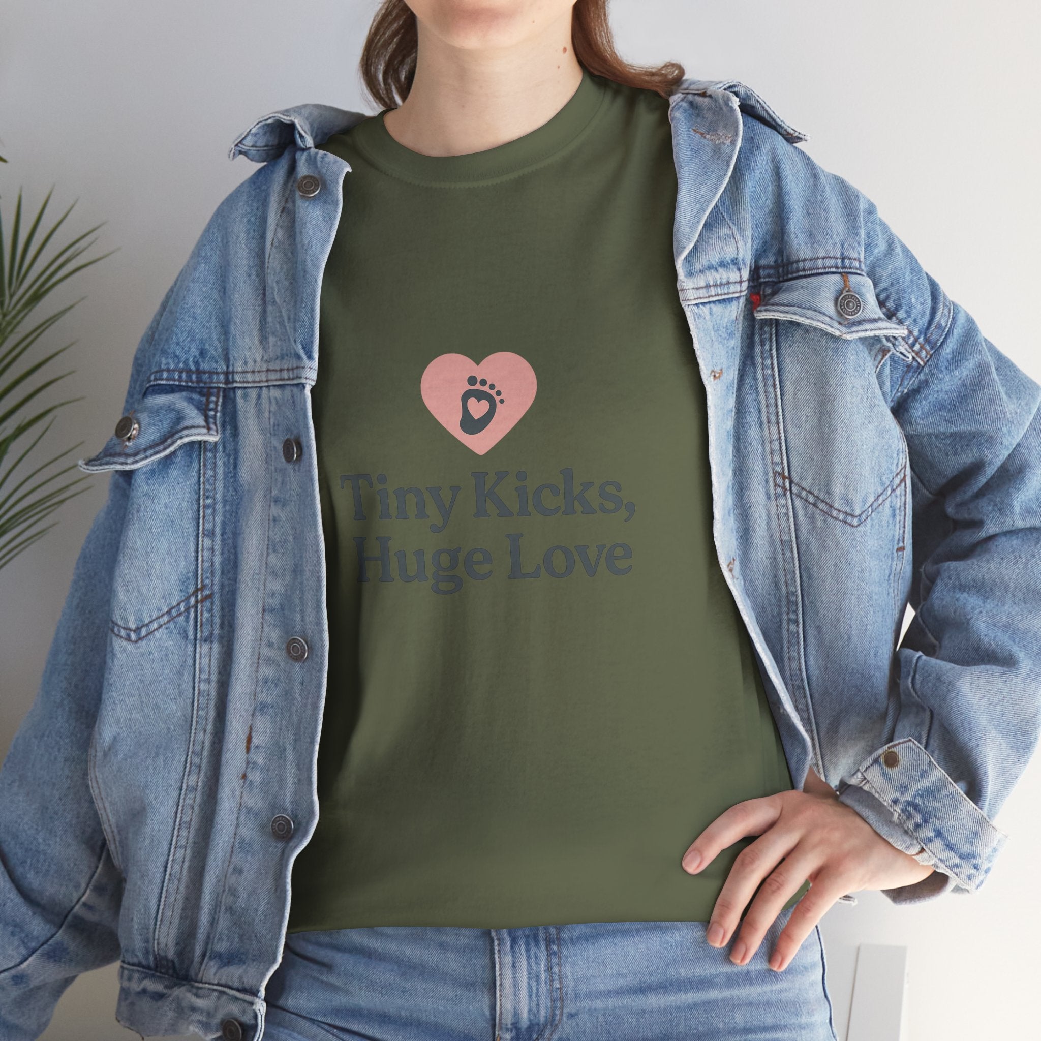 Unisex Heavy Cotton Tee - Tiny Kicks, Huge Love, Baby Shower Gift, Parenting Shirt, Cute Maternity Wear, New Mom Gift, Casual Everyday Tee
