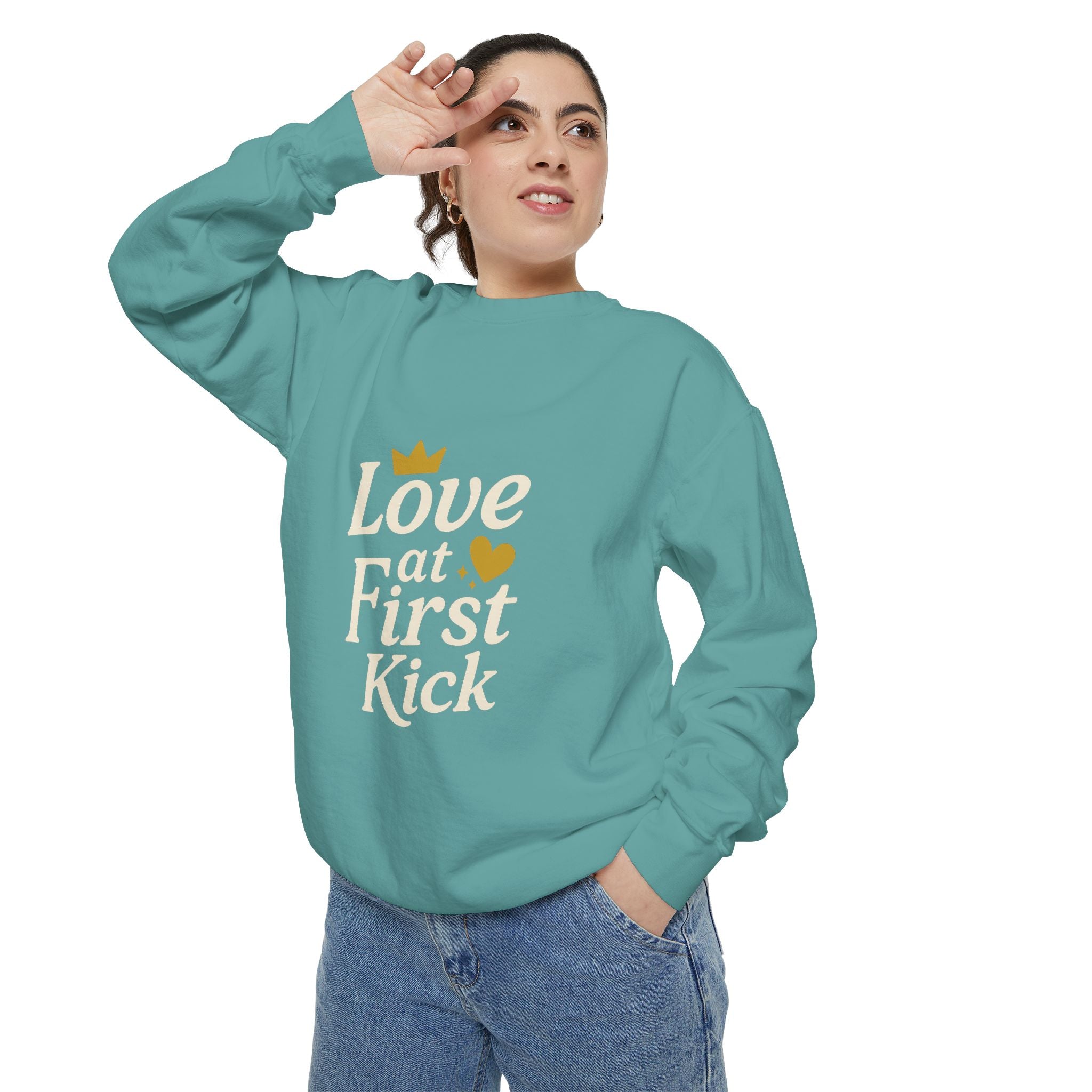 Love at First Kick Sweatshirt - Cozy Unisex Garment-Dyed Top for Expecting Moms, Baby Showers, Maternity Gifts, Casual Wear, Unique [...]