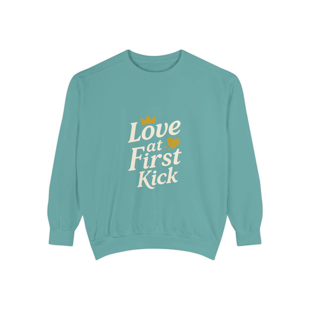 Love at First Kick Sweatshirt - Cozy Unisex Garment-Dyed Top for Expecting Moms, Baby Showers, Maternity Gifts, Casual Wear, Unique [...]