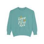 Love at First Kick Sweatshirt - Cozy Unisex Garment-Dyed Top for Expecting Moms, Baby Showers, Maternity Gifts, Casual Wear, Unique [...]