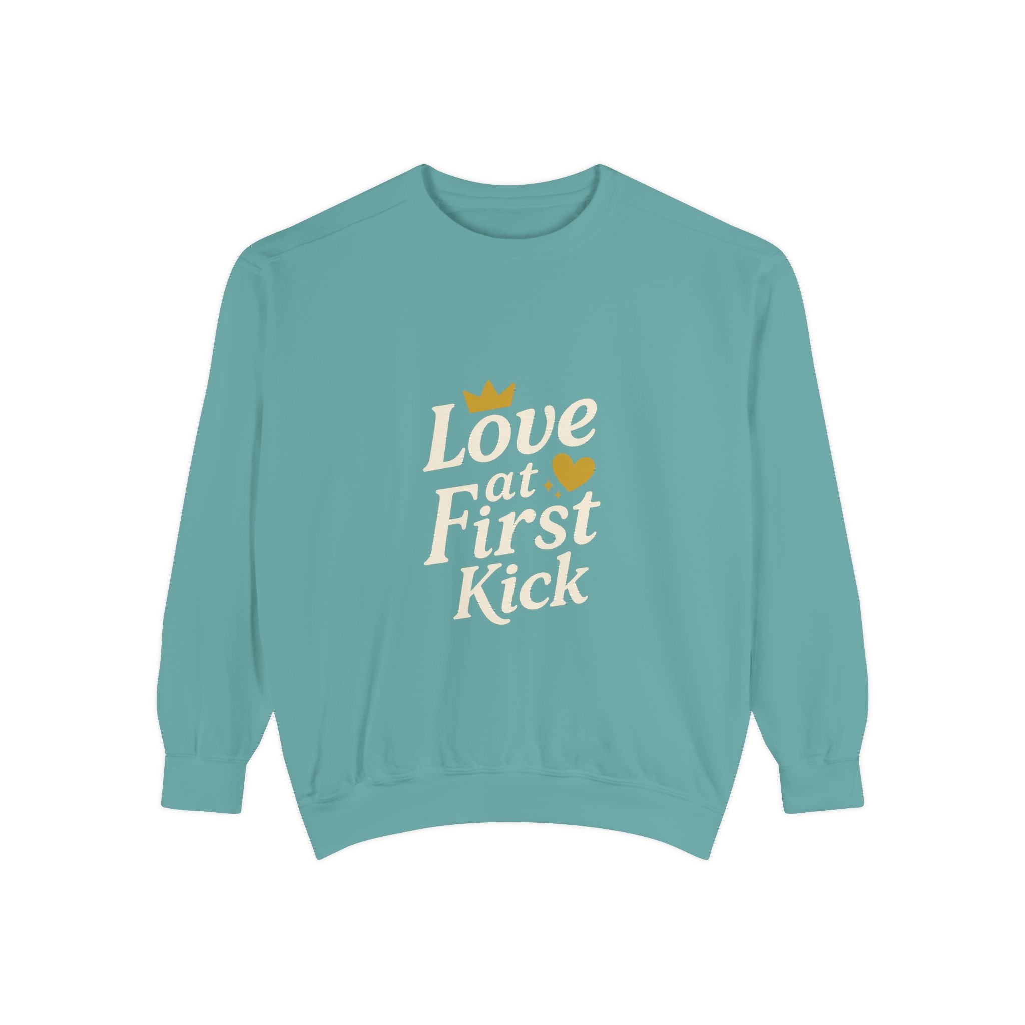 Love at First Kick Sweatshirt - Cozy Unisex Garment-Dyed Top for Expecting Moms, Baby Showers, Maternity Gifts, Casual Wear, Unique [...]