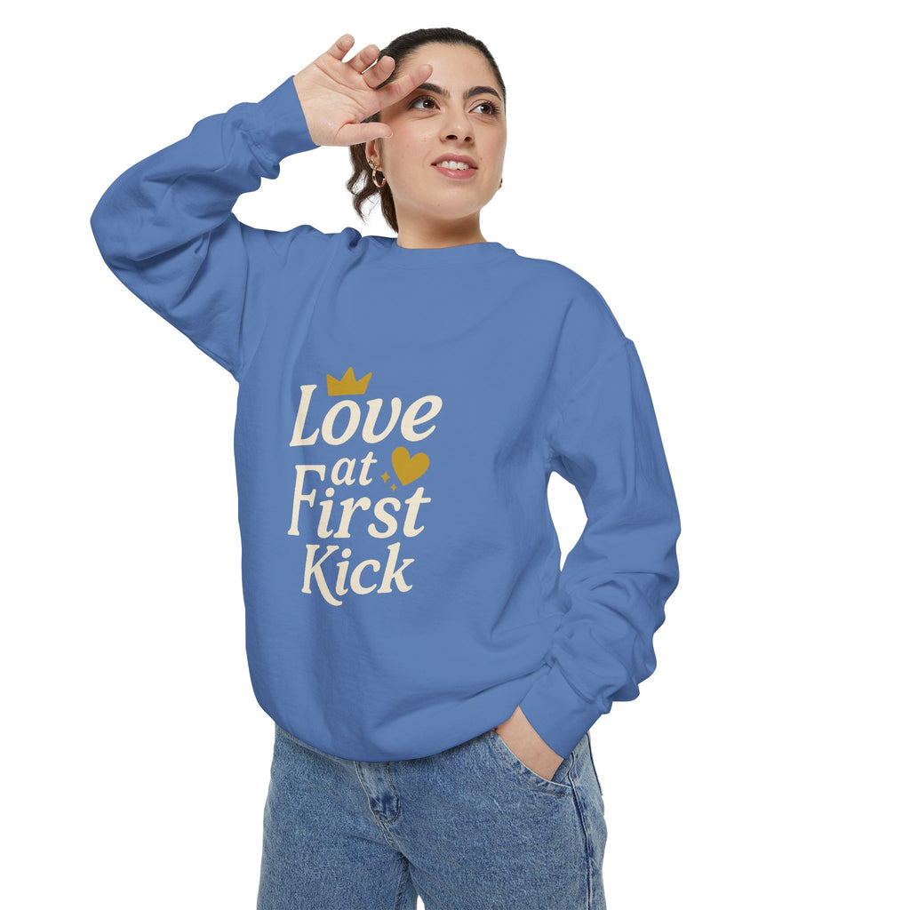 Love at First Kick Sweatshirt - Cozy Unisex Garment-Dyed Top for Expecting Moms, Baby Showers, Maternity Gifts, Casual Wear, Unique [...]