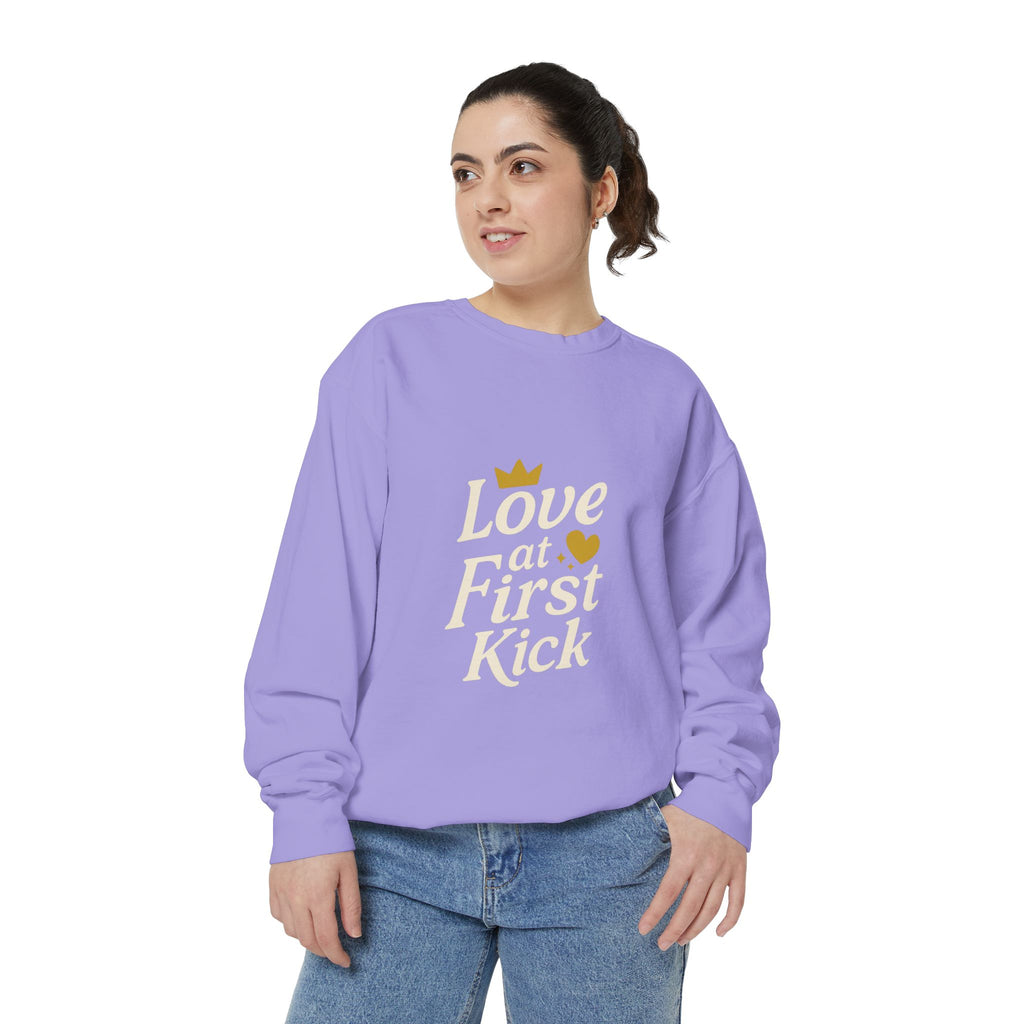 Love at First Kick Sweatshirt - Cozy Unisex Garment-Dyed Top for Expecting Moms, Baby Showers, Maternity Gifts, Casual Wear, Unique [...]