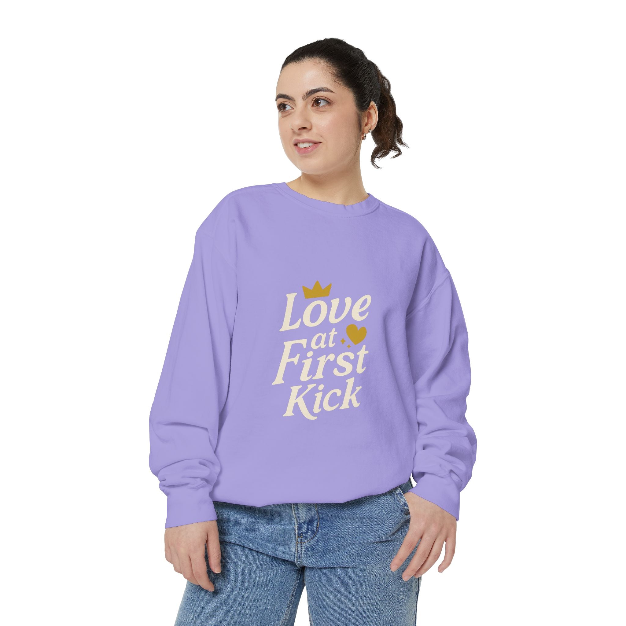 Love at First Kick Sweatshirt - Cozy Unisex Garment-Dyed Top for Expecting Moms, Baby Showers, Maternity Gifts, Casual Wear, Unique [...]