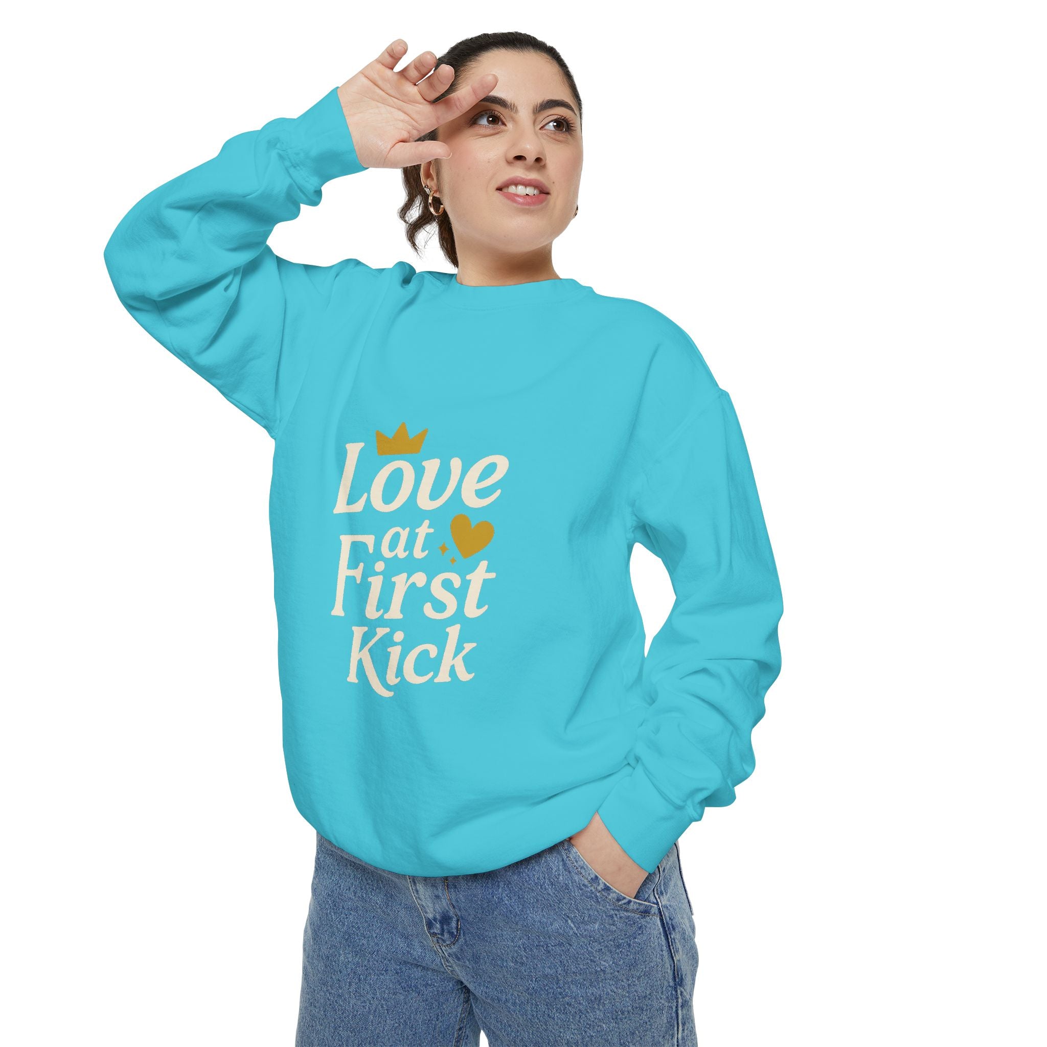 Love at First Kick Sweatshirt - Cozy Unisex Garment-Dyed Top for Expecting Moms, Baby Showers, Maternity Gifts, Casual Wear, Unique [...]