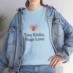 Unisex Heavy Cotton Tee - Tiny Kicks, Huge Love, Baby Shower Gift, Parenting Shirt, Cute Maternity Wear, New Mom Gift, Casual Everyday Tee