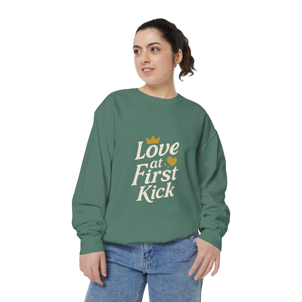 Love at First Kick Sweatshirt - Cozy Unisex Garment-Dyed Top for Expecting Moms, Baby Showers, Maternity Gifts, Casual Wear, Unique [...]