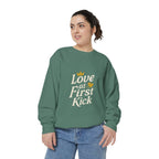 Love at First Kick Sweatshirt - Cozy Unisex Garment-Dyed Top for Expecting Moms, Baby Showers, Maternity Gifts, Casual Wear, Unique [...]
