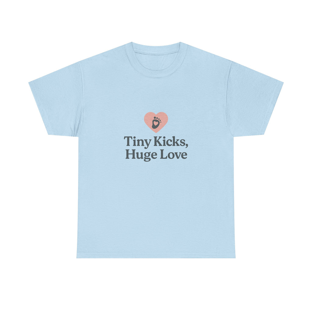 Unisex Heavy Cotton Tee - Tiny Kicks, Huge Love, Baby Shower Gift, Parenting Shirt, Cute Maternity Wear, New Mom Gift, Casual Everyday Tee