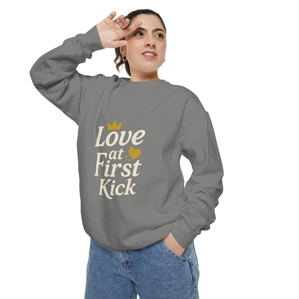 Love at First Kick Sweatshirt - Cozy Unisex Garment-Dyed Top for Expecting Moms, Baby Showers, Maternity Gifts, Casual Wear, Unique [...]