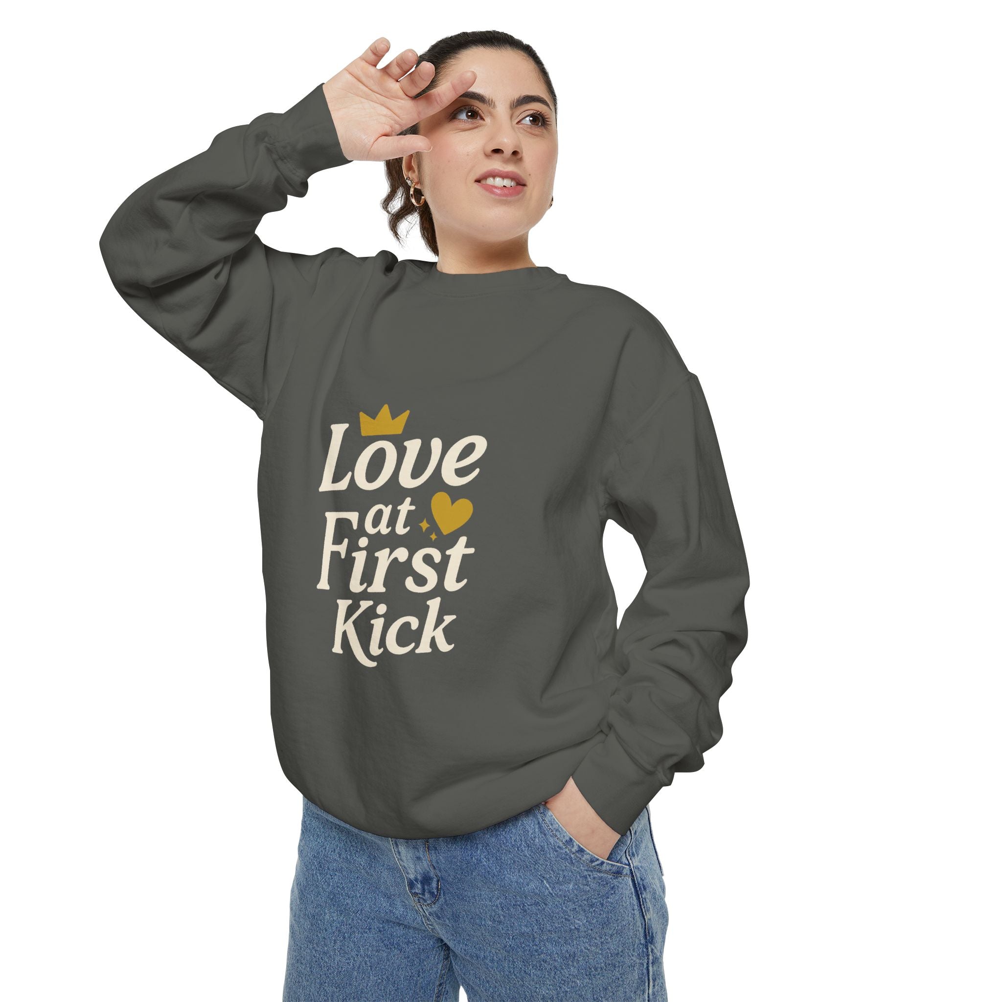 Love at First Kick Sweatshirt - Cozy Unisex Garment-Dyed Top for Expecting Moms, Baby Showers, Maternity Gifts, Casual Wear, Unique [...]