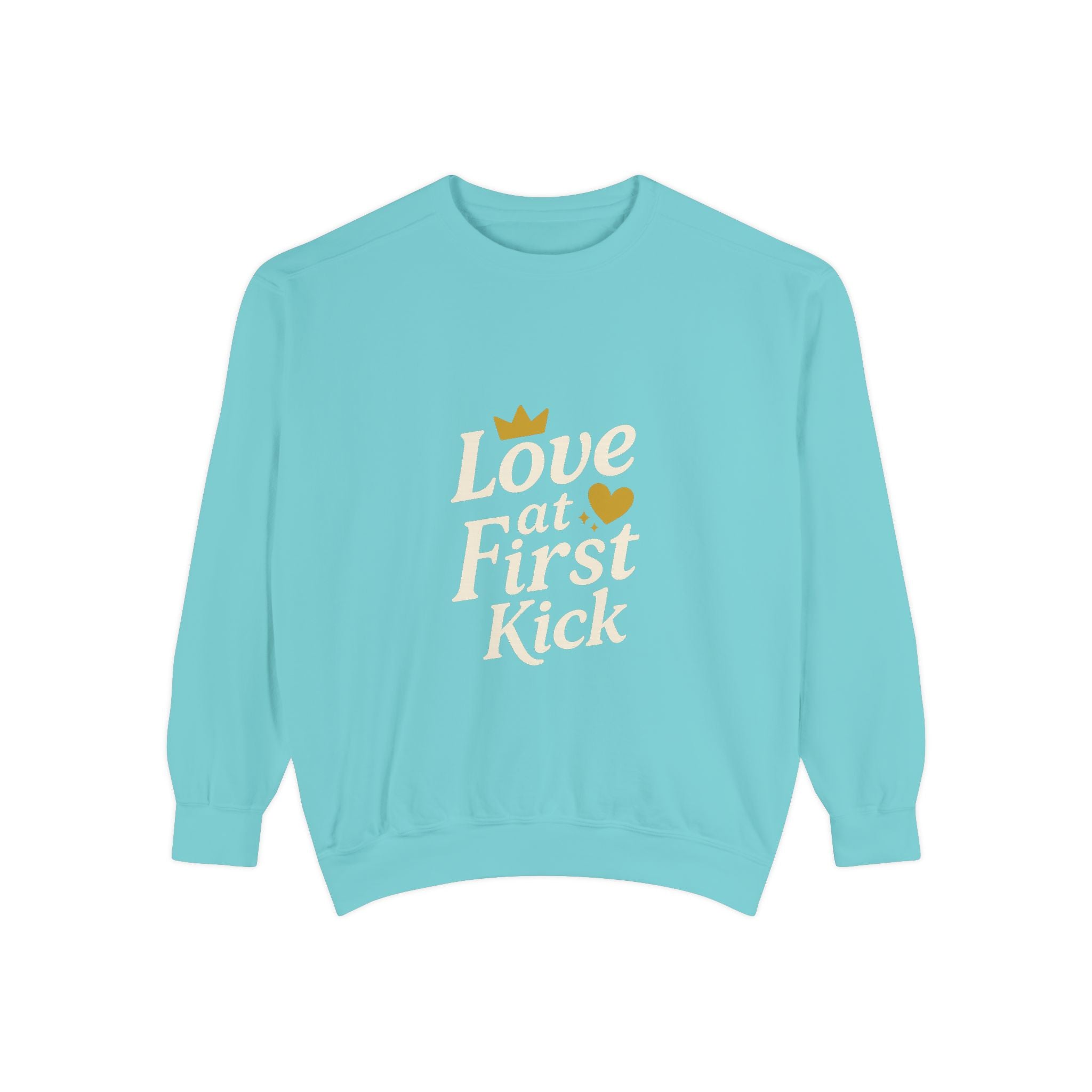 Love at First Kick Sweatshirt - Cozy Unisex Garment-Dyed Top for Expecting Moms, Baby Showers, Maternity Gifts, Casual Wear, Unique [...]