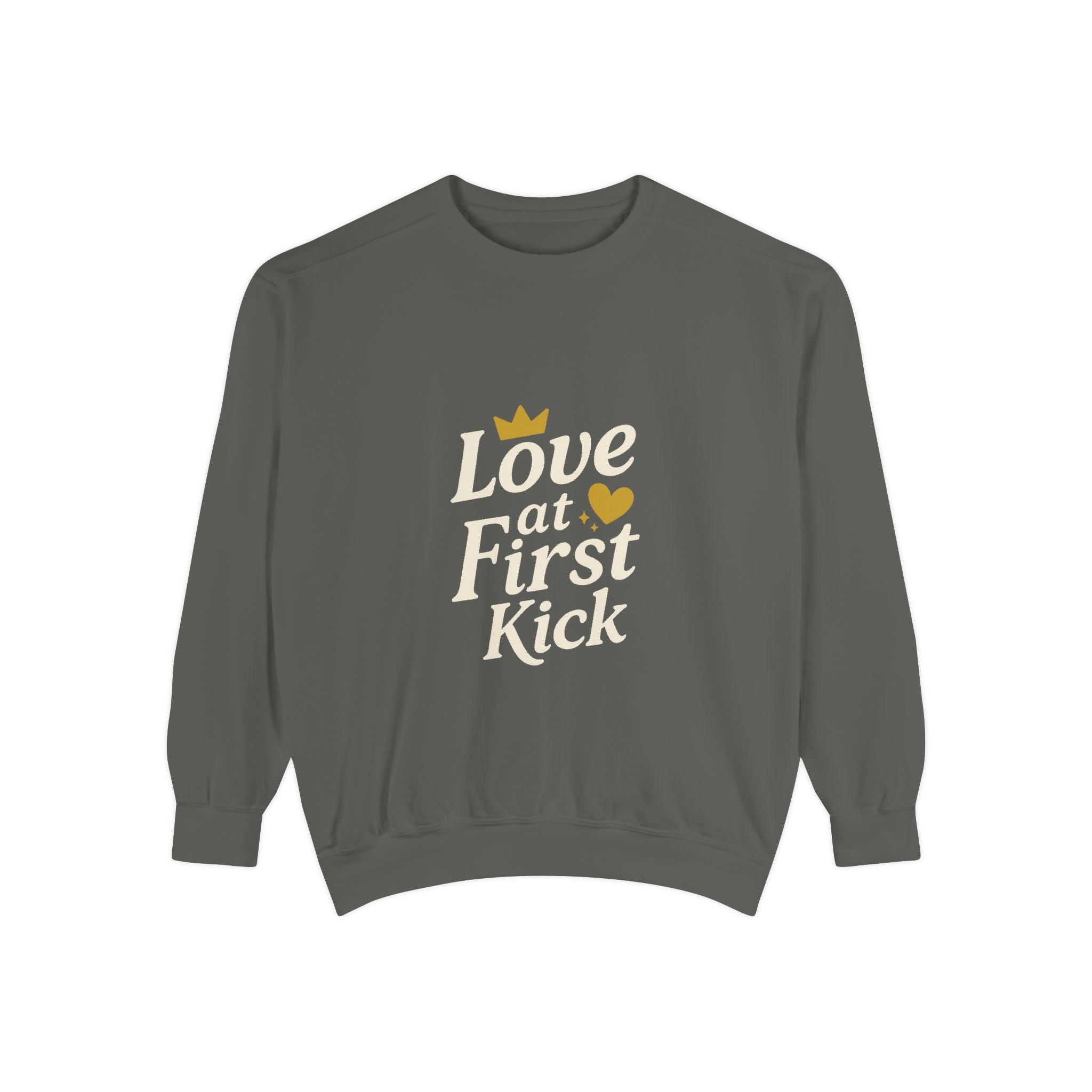 Love at First Kick Sweatshirt - Cozy Unisex Garment-Dyed Top for Expecting Moms, Baby Showers, Maternity Gifts, Casual Wear, Unique [...]
