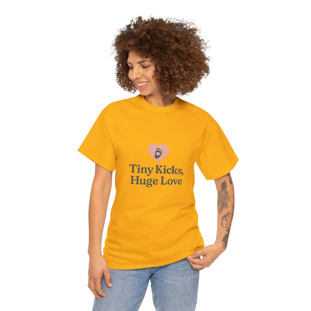 Unisex Heavy Cotton Tee - Tiny Kicks, Huge Love, Baby Shower Gift, Parenting Shirt, Cute Maternity Wear, New Mom Gift, Casual Everyday Tee