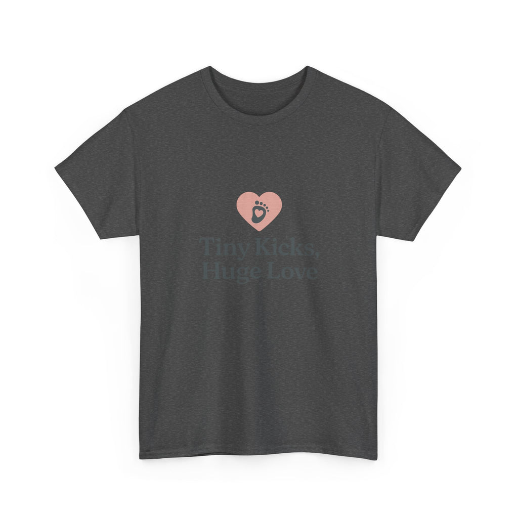 Unisex Heavy Cotton Tee - Tiny Kicks, Huge Love, Baby Shower Gift, Parenting Shirt, Cute Maternity Wear, New Mom Gift, Casual Everyday Tee