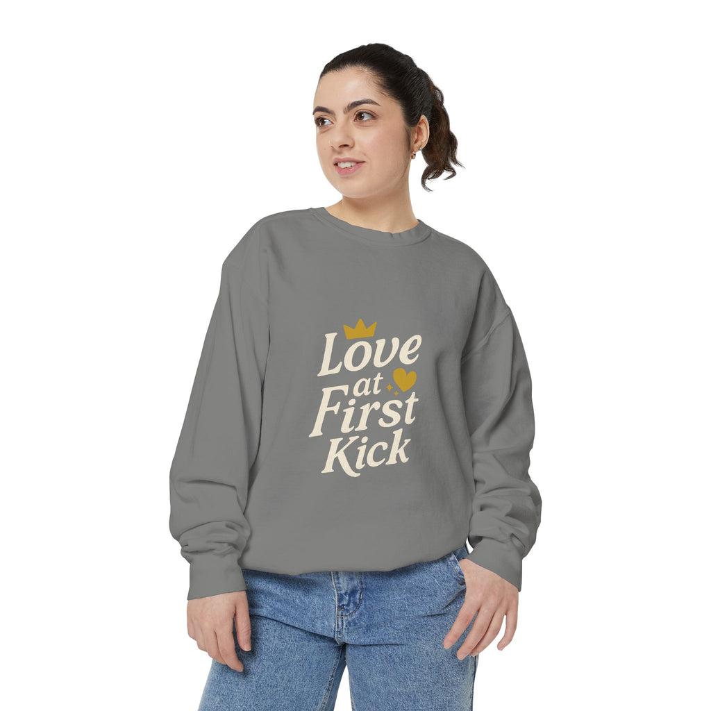 Love at First Kick Sweatshirt - Cozy Unisex Garment-Dyed Top for Expecting Moms, Baby Showers, Maternity Gifts, Casual Wear, Unique [...]