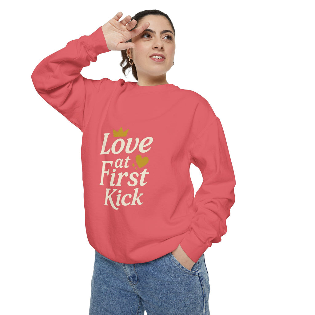 Love at First Kick Sweatshirt - Cozy Unisex Garment-Dyed Top for Expecting Moms, Baby Showers, Maternity Gifts, Casual Wear, Unique [...]