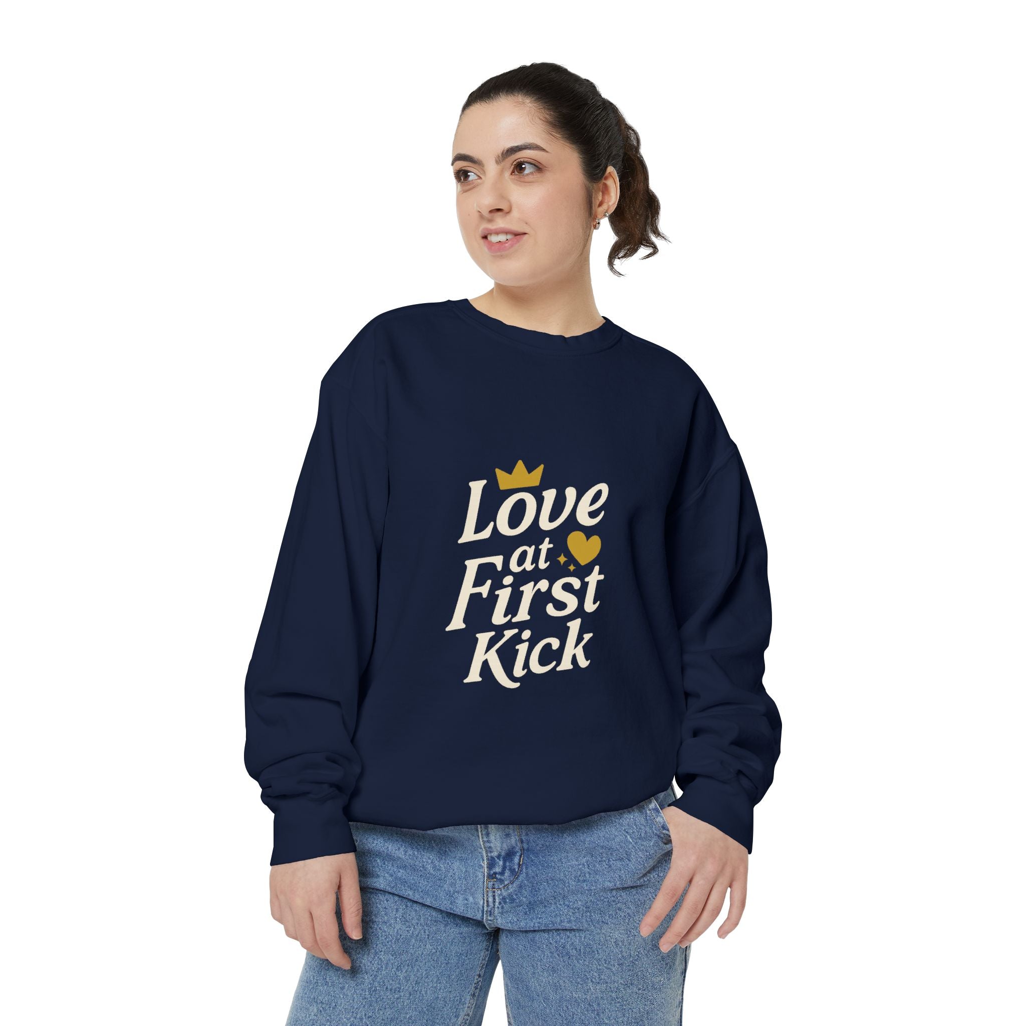 Love at First Kick Sweatshirt - Cozy Unisex Garment-Dyed Top for Expecting Moms, Baby Showers, Maternity Gifts, Casual Wear, Unique [...]