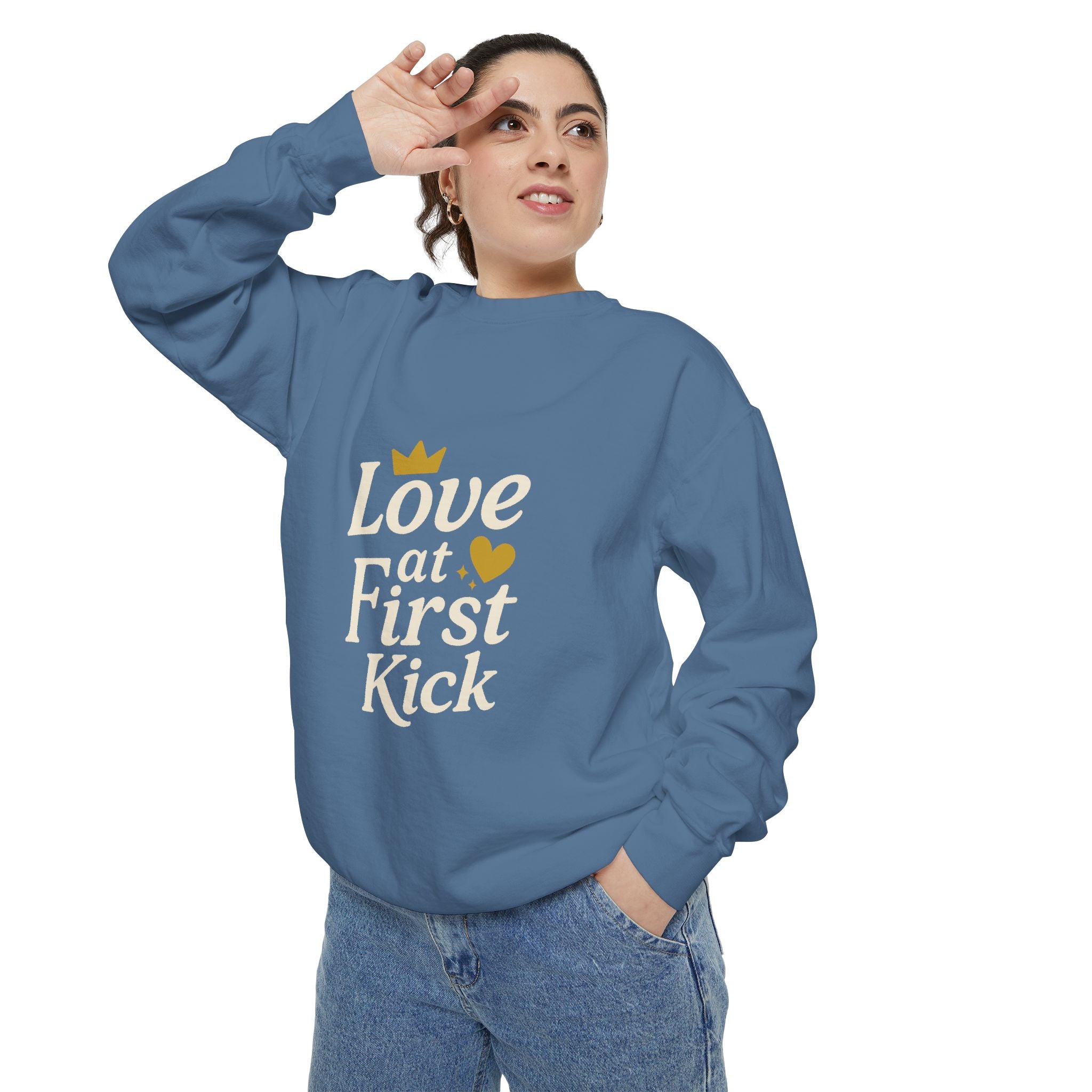 Love at First Kick Sweatshirt - Cozy Unisex Garment-Dyed Top for Expecting Moms, Baby Showers, Maternity Gifts, Casual Wear, Unique [...]
