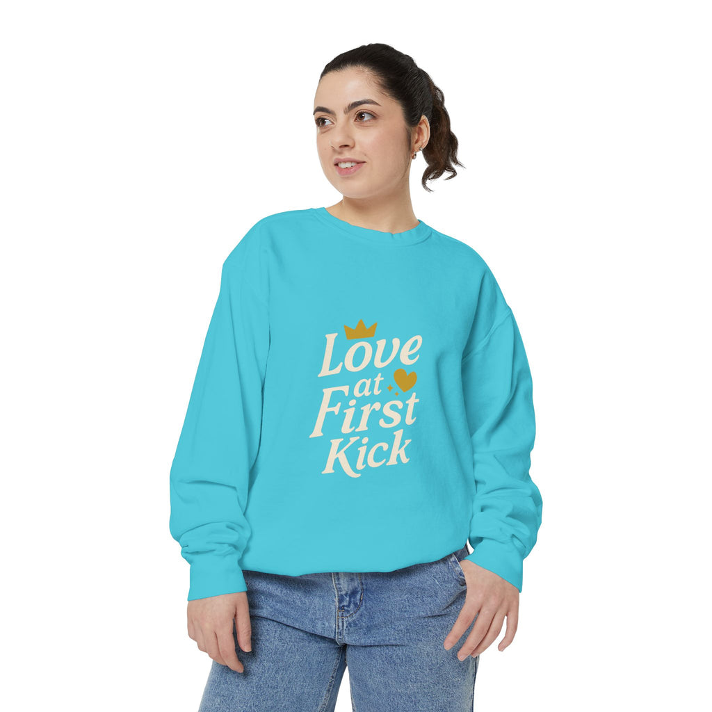 Love at First Kick Sweatshirt - Cozy Unisex Garment-Dyed Top for Expecting Moms, Baby Showers, Maternity Gifts, Casual Wear, Unique [...]